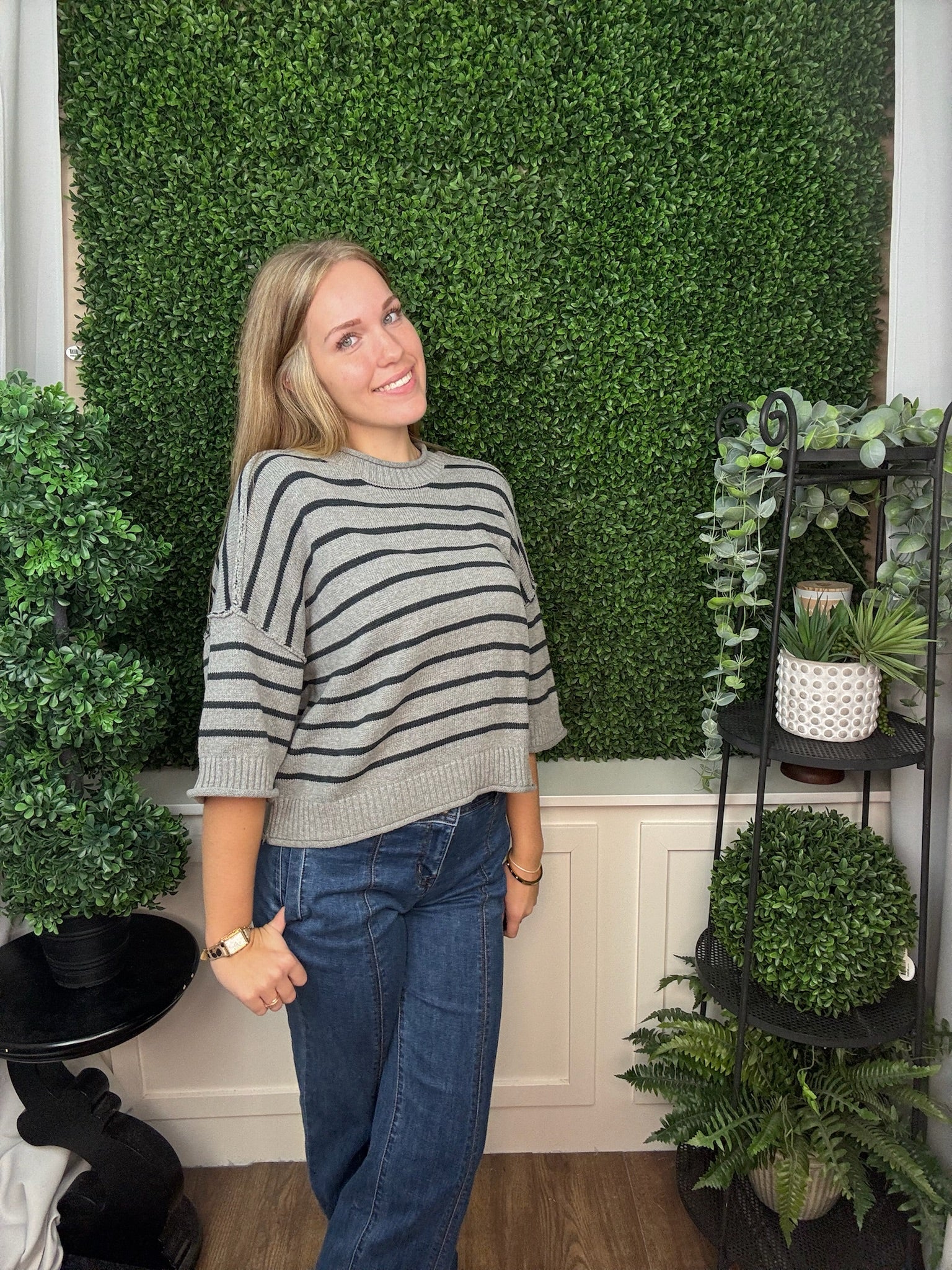 LOOSE FIT KNIT PULLOVER STRIPE SWEATER TOP - DARK GRAY/NAVY