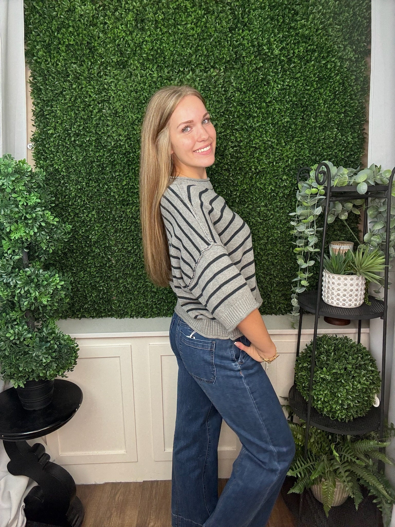 LOOSE FIT KNIT PULLOVER STRIPE SWEATER TOP - DARK GRAY/NAVY