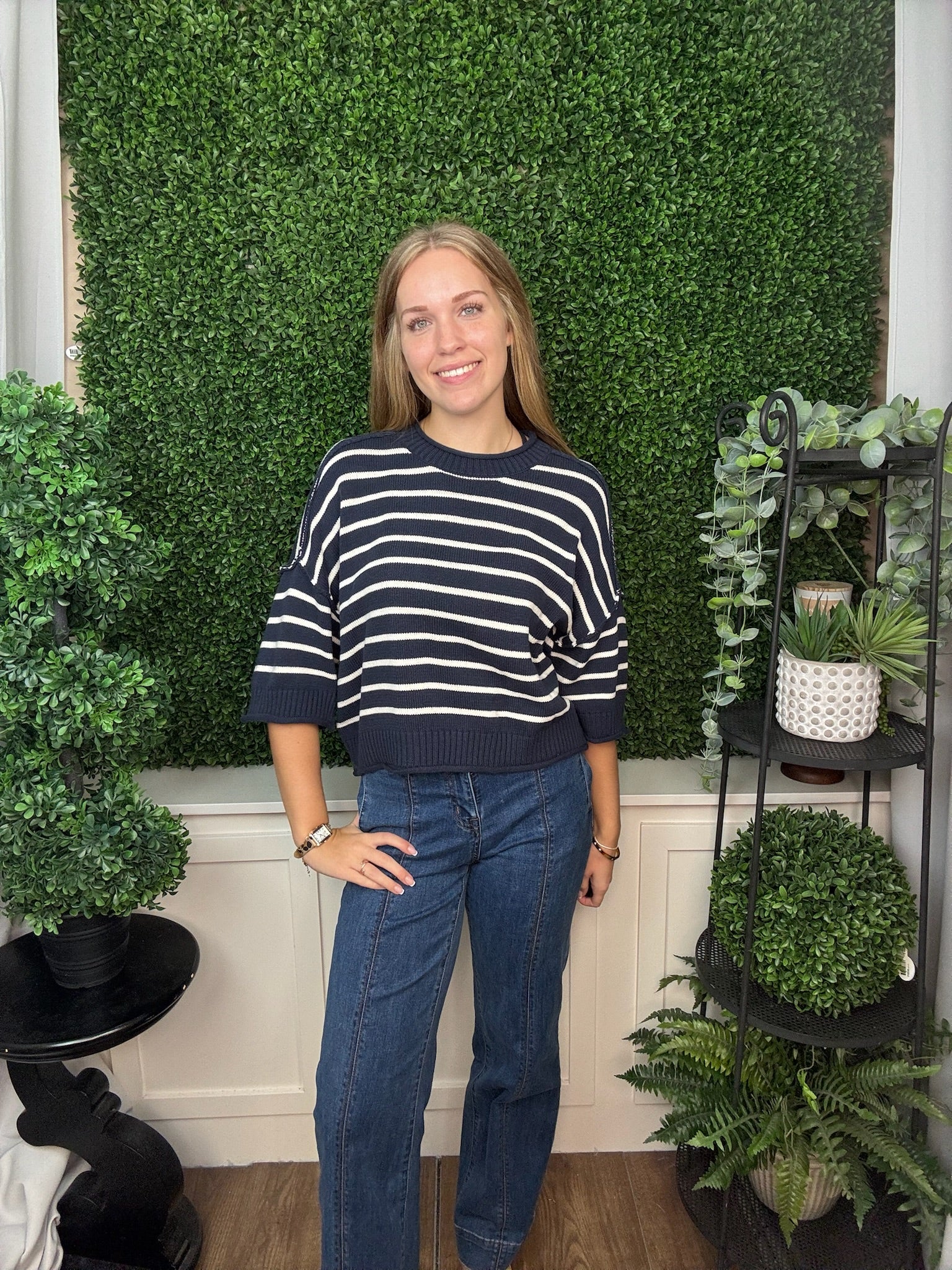 LOOSE FIT KNIT PULLOVER STRIPE SWEATER TOP - DARK GRAY/NAVY