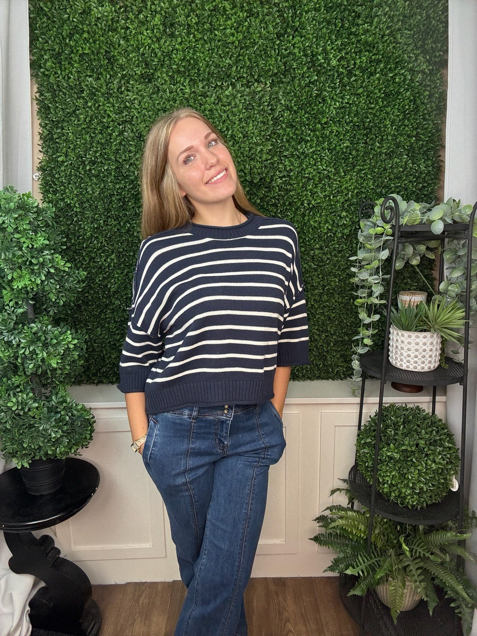 LOOSE FIT KNIT PULLOVER STRIPE SWEATER TOP - DARK GRAY/NAVY