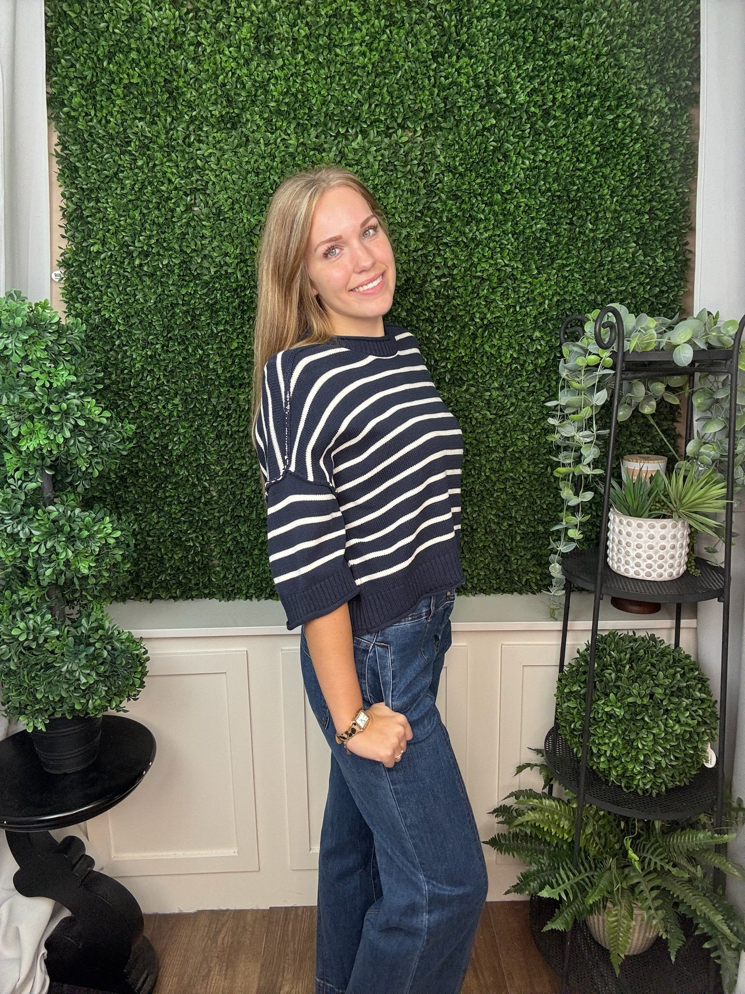 LOOSE FIT KNIT PULLOVER STRIPE SWEATER TOP - DARK GRAY/NAVY