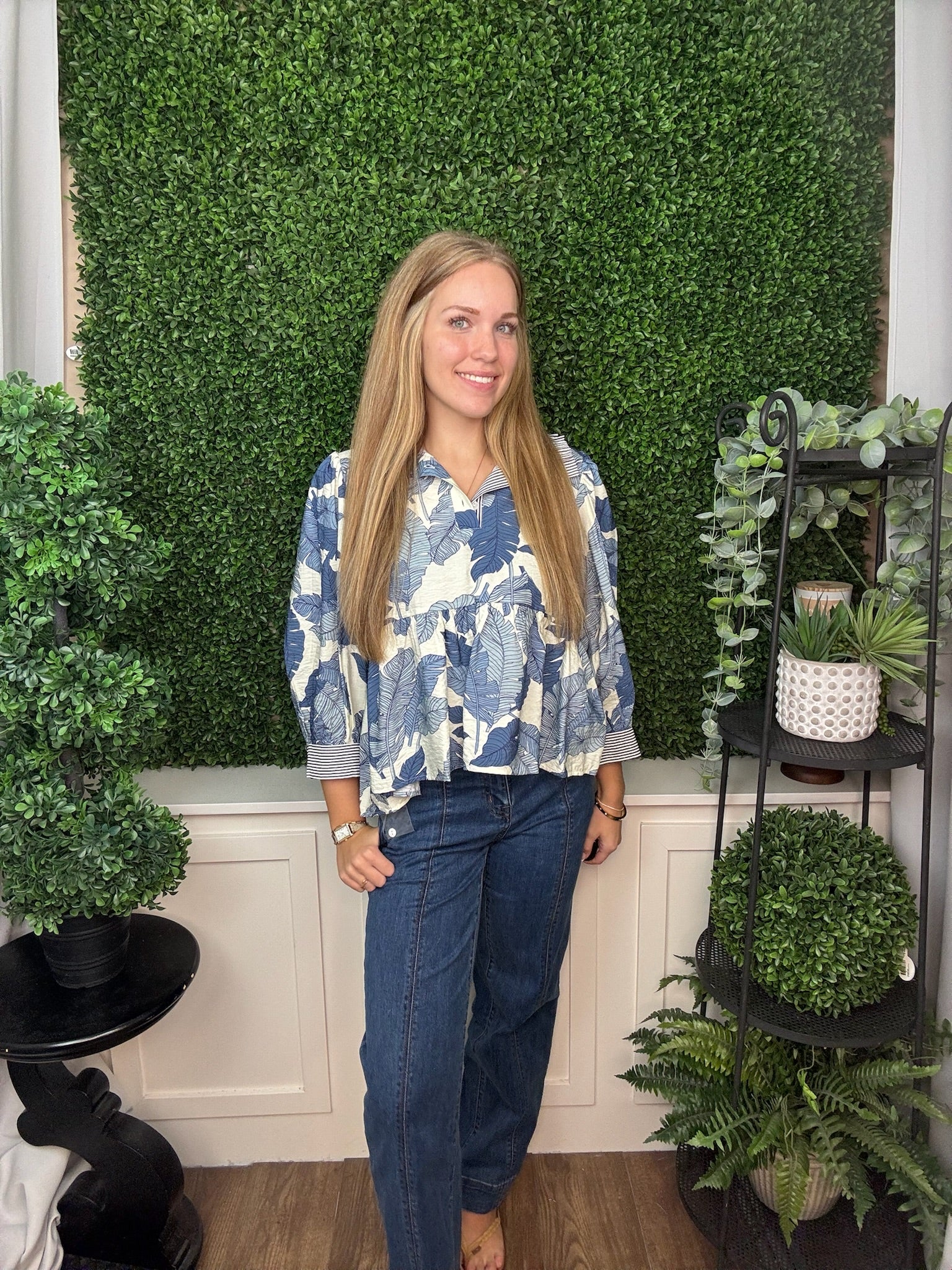 LEAF PRINT BUTTON FRONT MOCK NECK PEPLUM BLOUSE - IVORY/DENIM