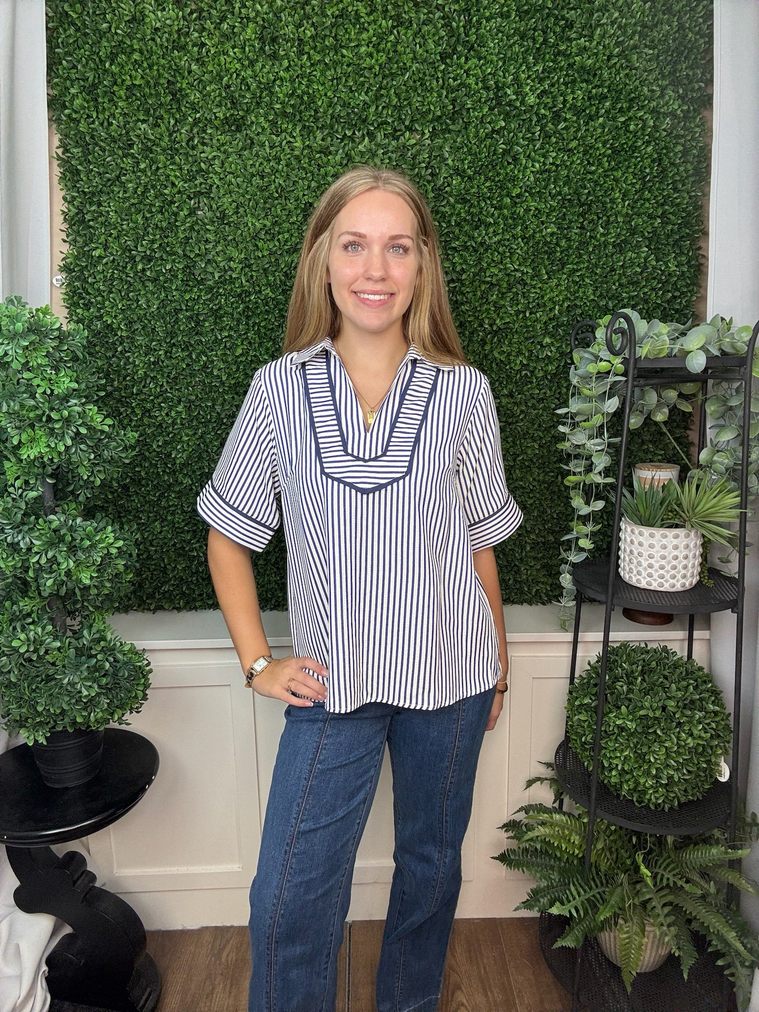 HALF SLEEVE COLLARED STRIPED WOVEN TOP WITH CONTRAST PIPING - NAVY