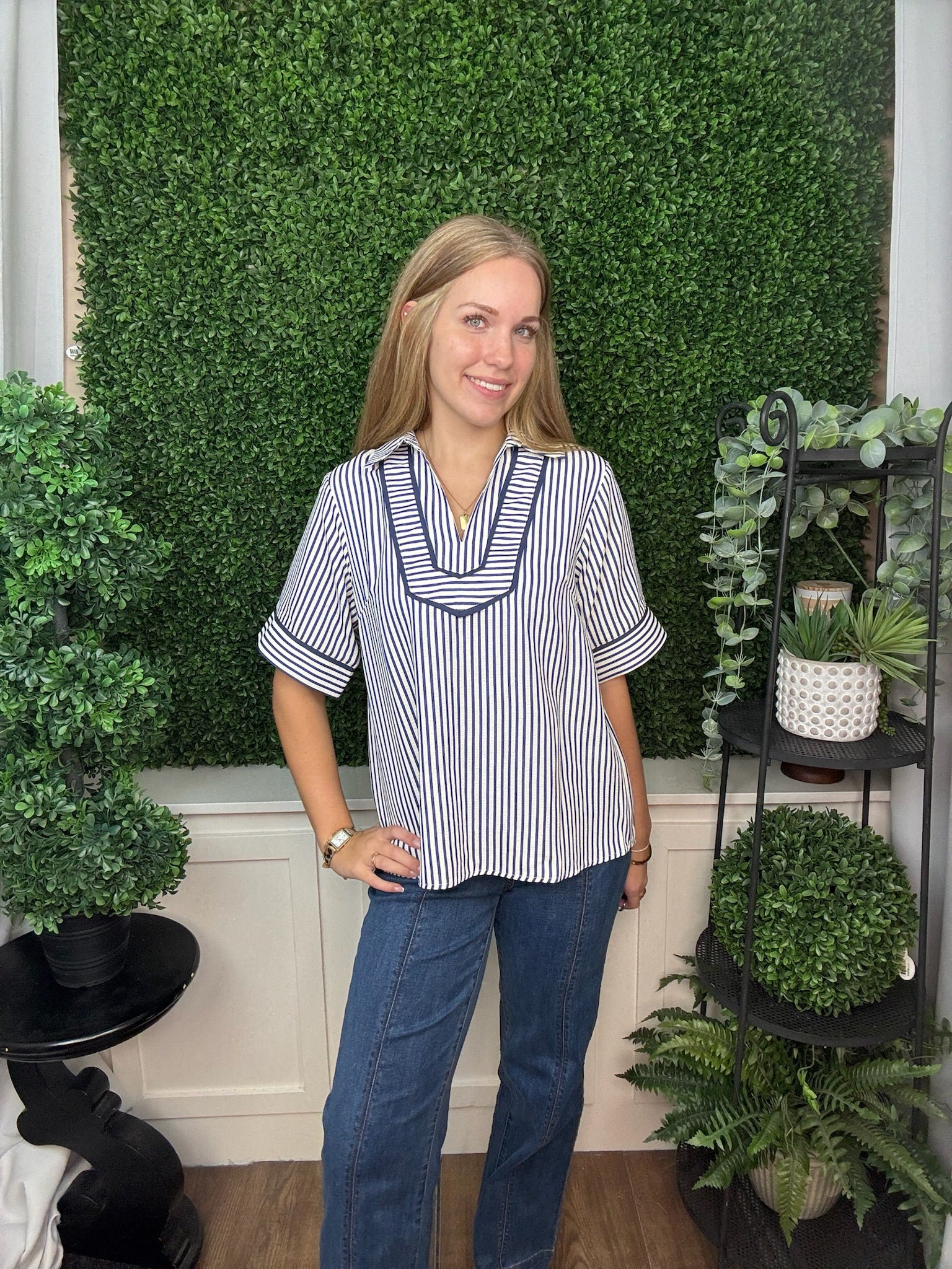 HALF SLEEVE COLLARED STRIPED WOVEN TOP WITH CONTRAST PIPING - NAVY