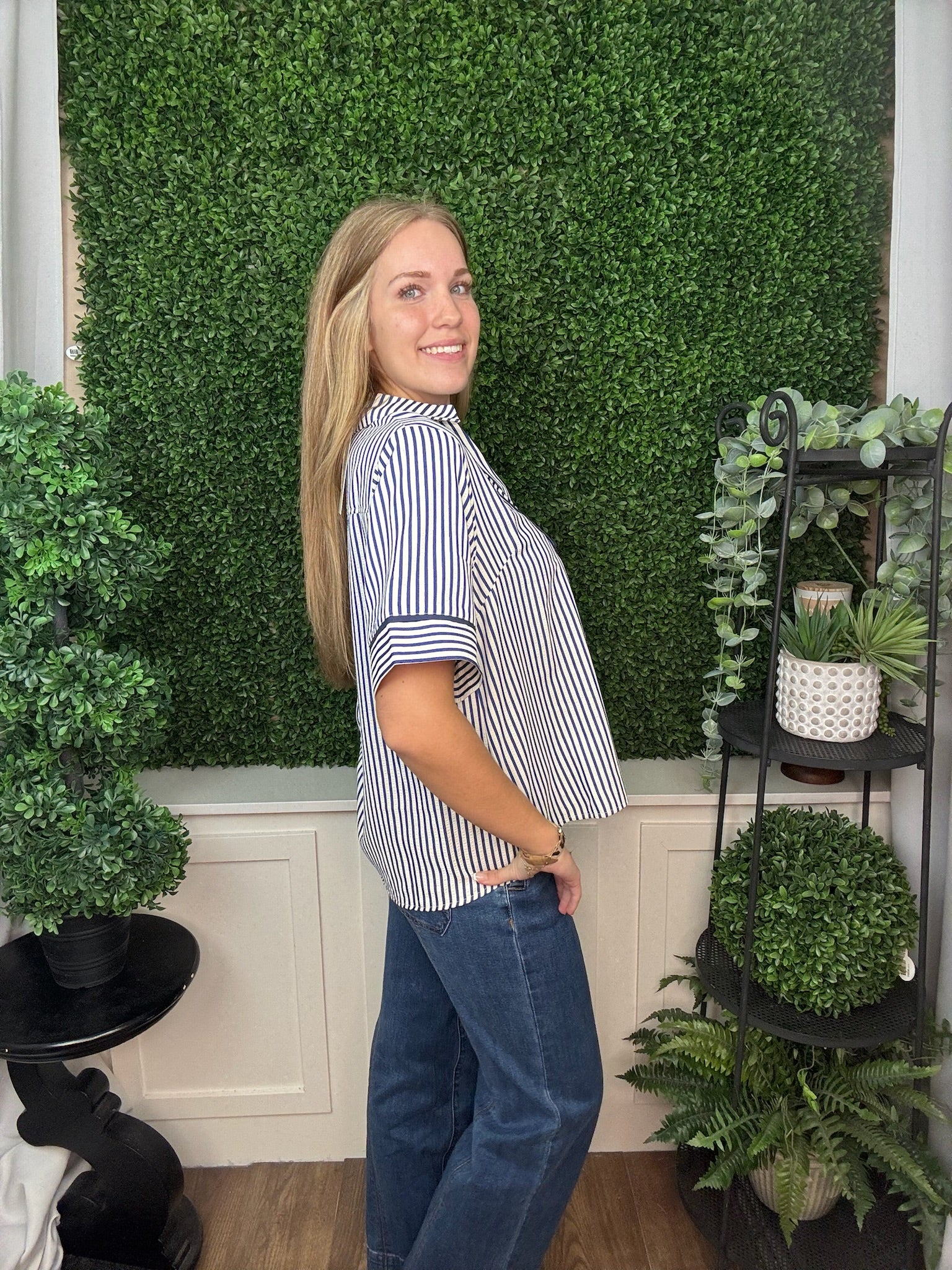 HALF SLEEVE COLLARED STRIPED WOVEN TOP WITH CONTRAST PIPING - NAVY