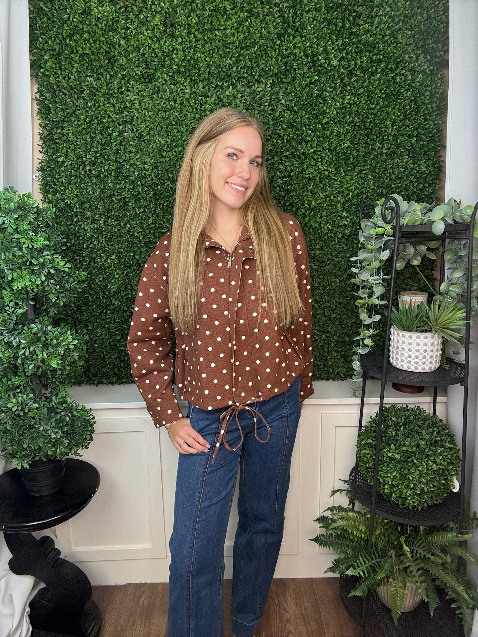 POLKA DOT ZIP FRONT JACKET - BROWN