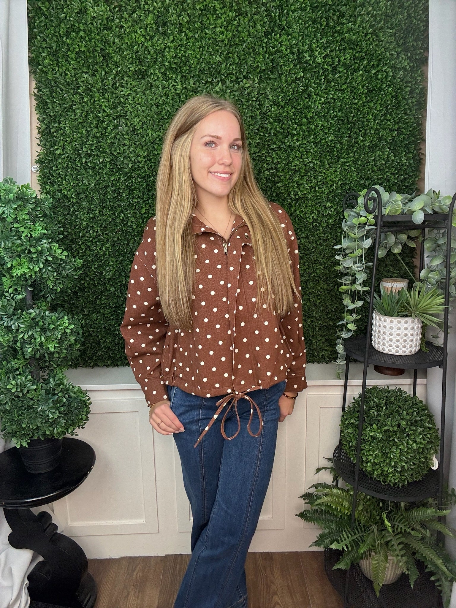 POLKA DOT ZIP FRONT JACKET - BROWN