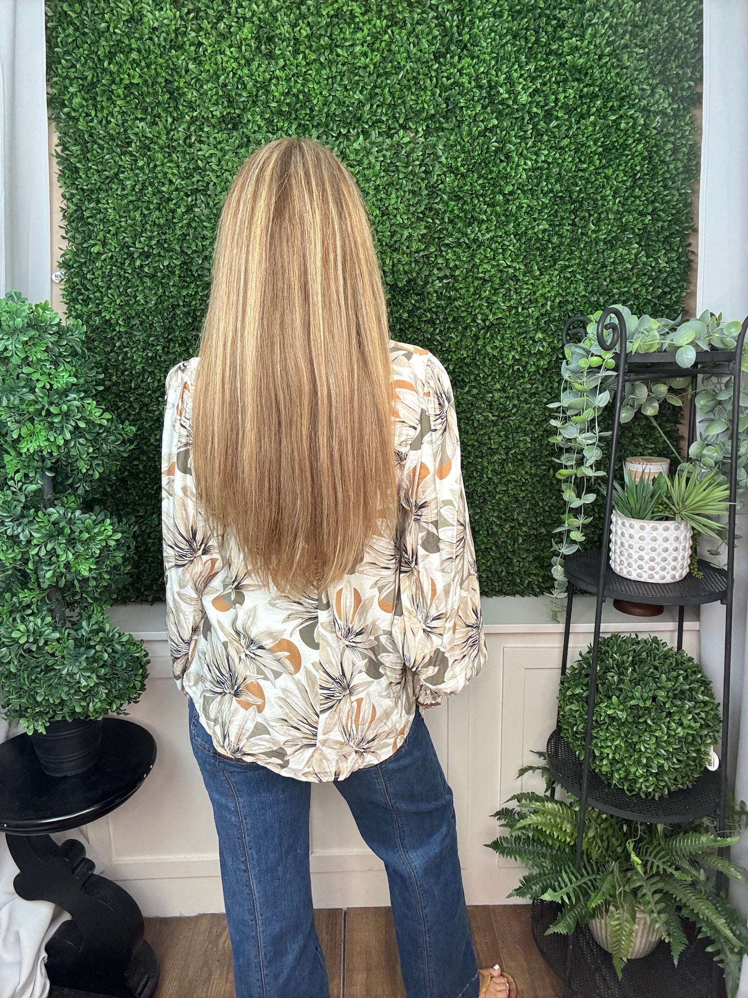 NO LINING FLORAL PRINT LONG SLEEVE TOP WITH CONTRAST DETAIL - TAUPE MIX