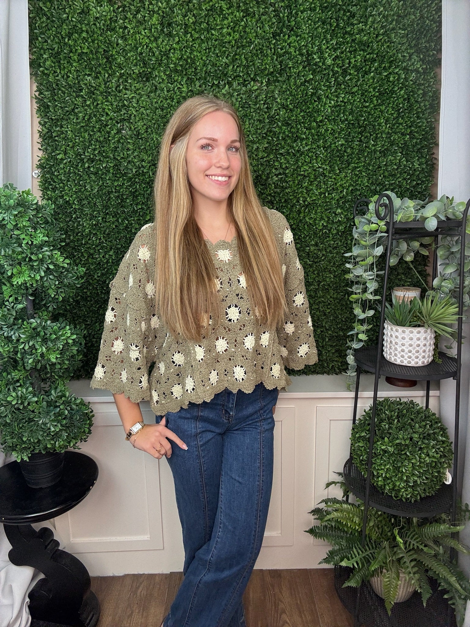 TEXTURED FLORAL CROCHET SWEATER TOP - OLIVE/ALMOND