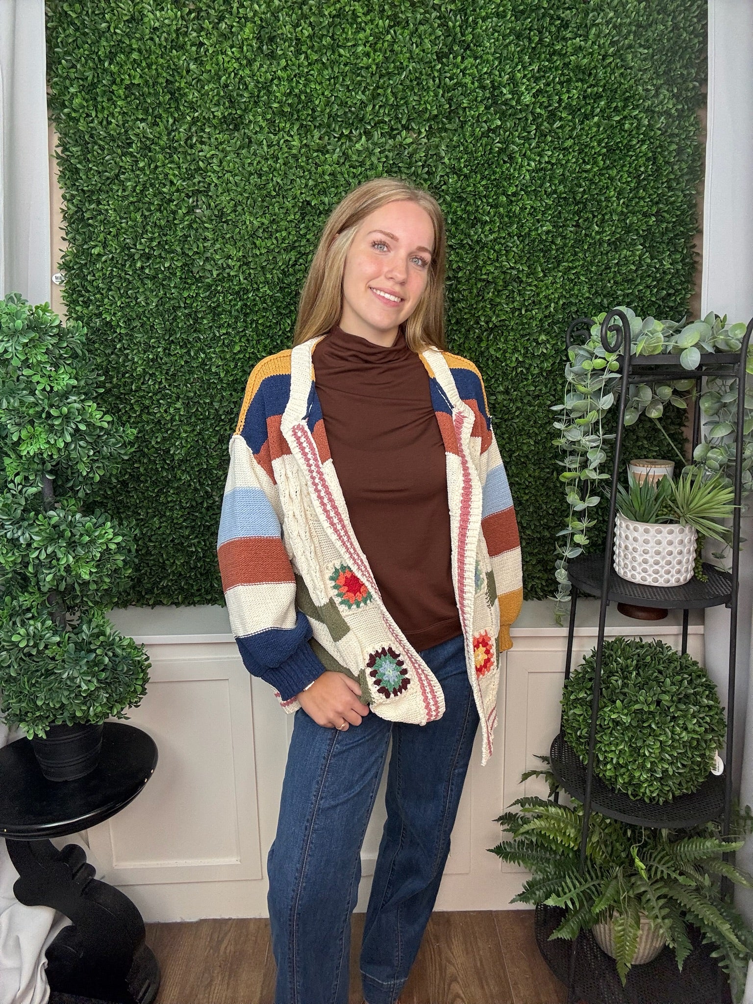 PATCHWORK KNIT CARDIGAN TOP WITH CROCHET FLOWER DETAILS - CREAM MULTI