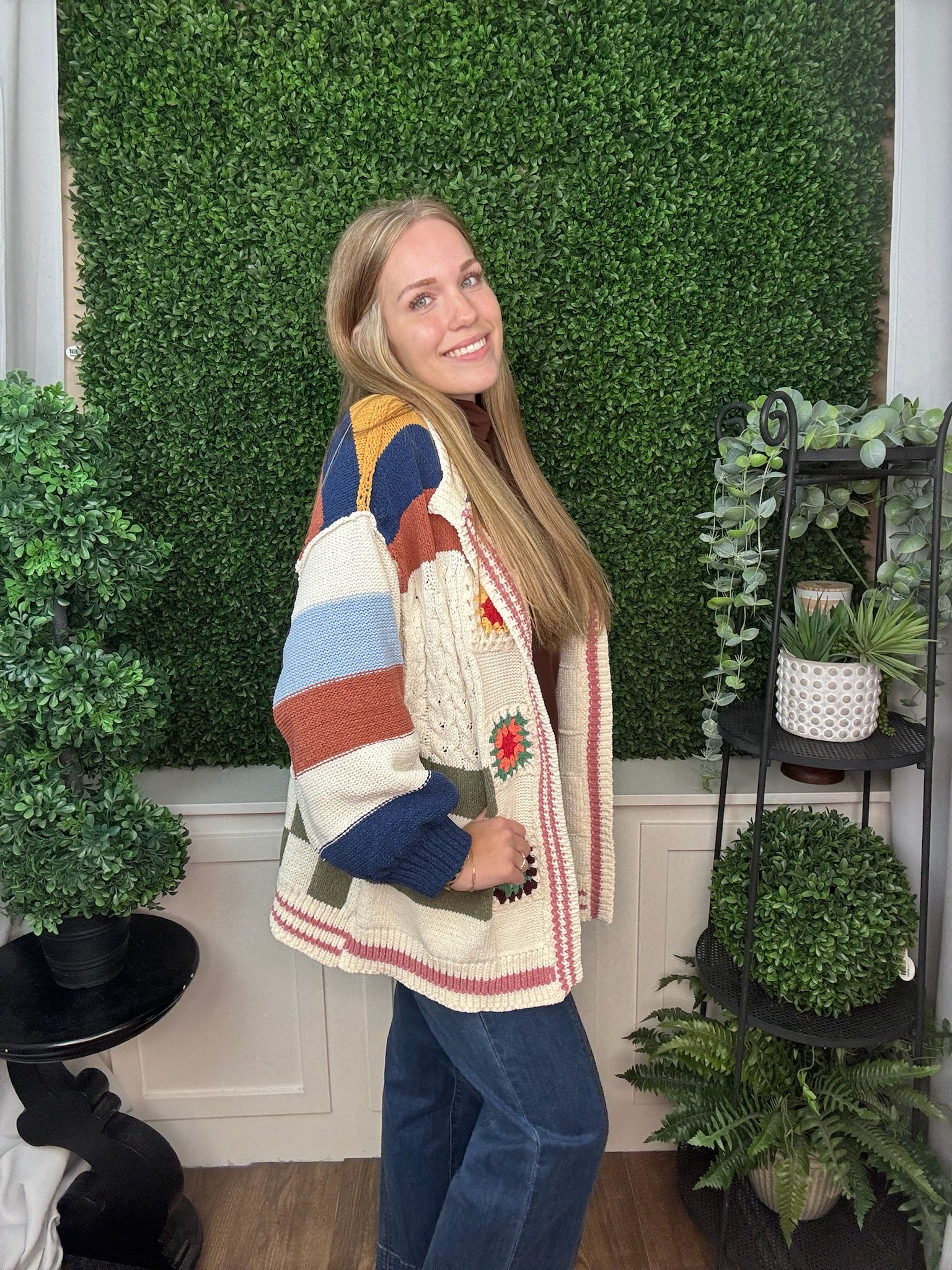 PATCHWORK KNIT CARDIGAN TOP WITH CROCHET FLOWER DETAILS - CREAM MULTI