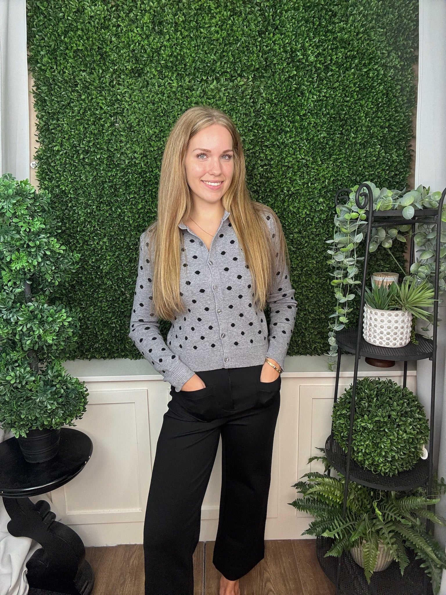 POLKA DOT BUTTON FRONT KNIT CARDIGAN - HEATHER GRAY