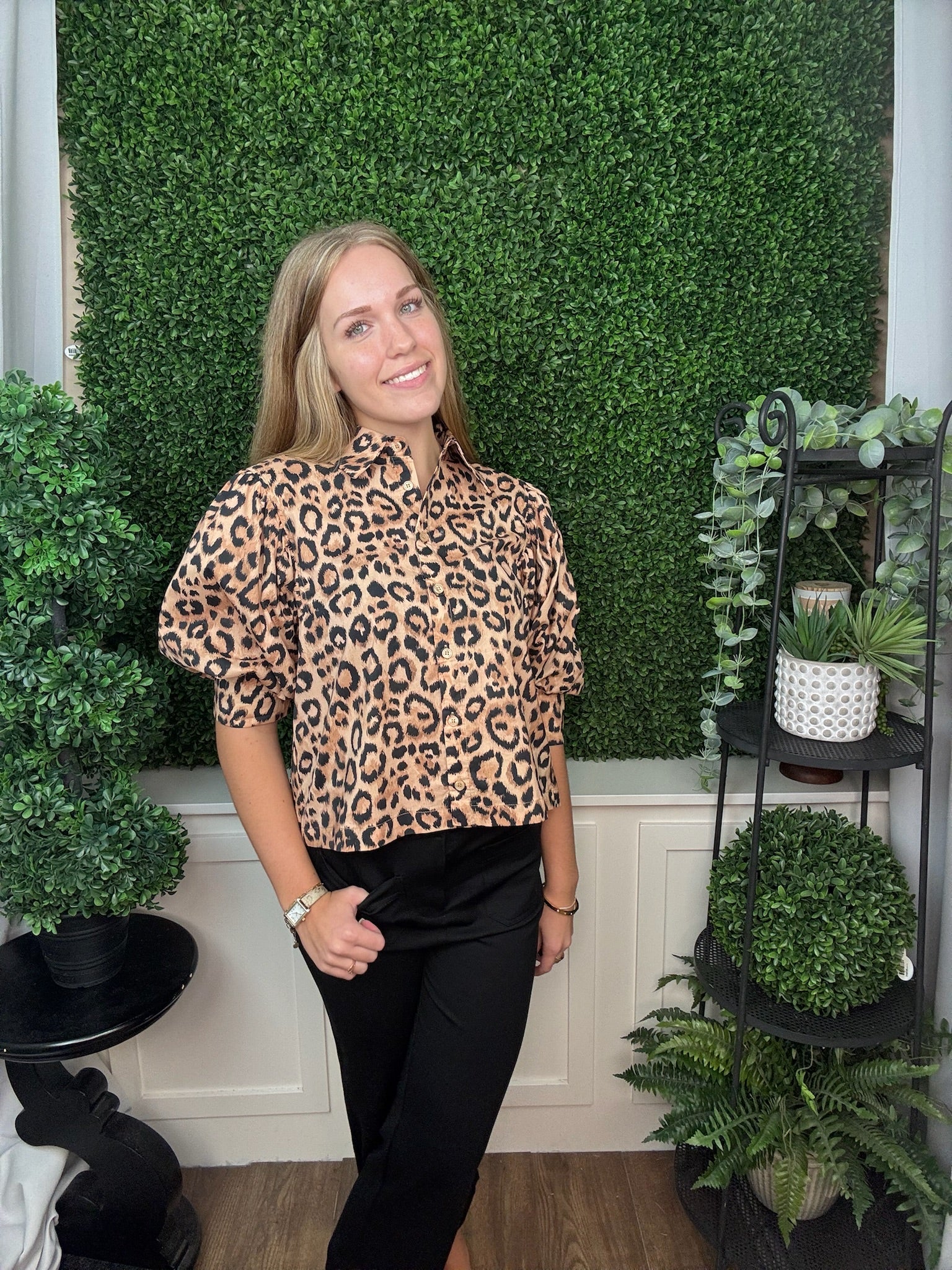LEOPARD BUTTON DOWN BLOUSE