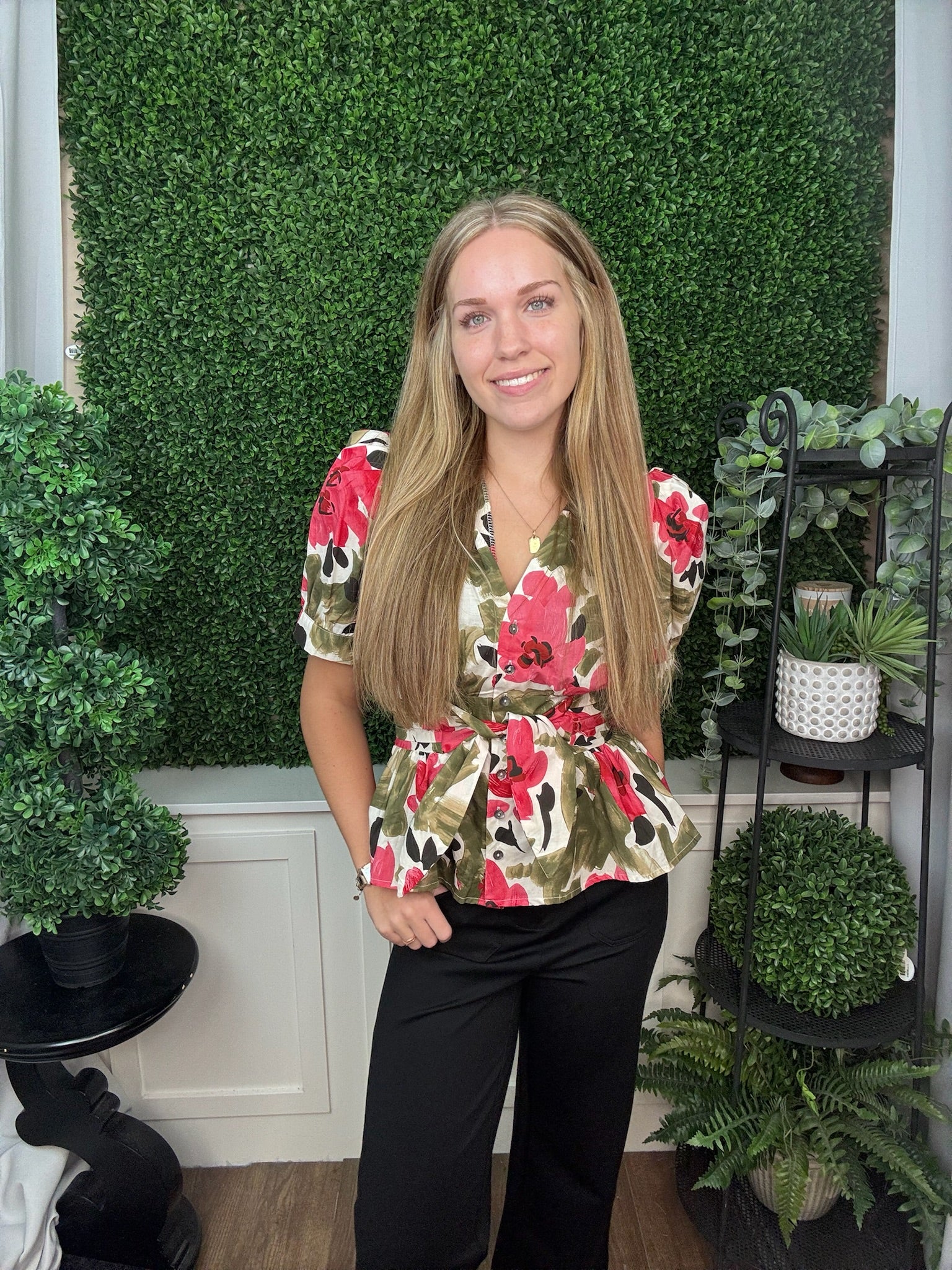 FLORAL WRAP PEPLUM BLOUSE - OLIVE