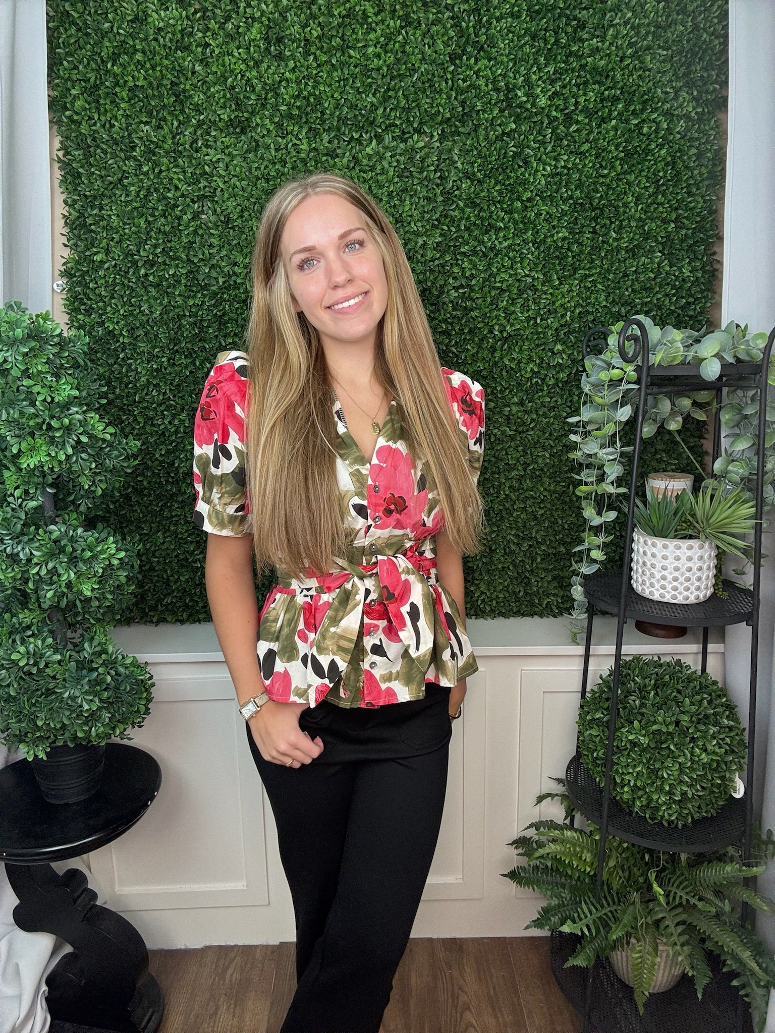 FLORAL WRAP PEPLUM BLOUSE - OLIVE
