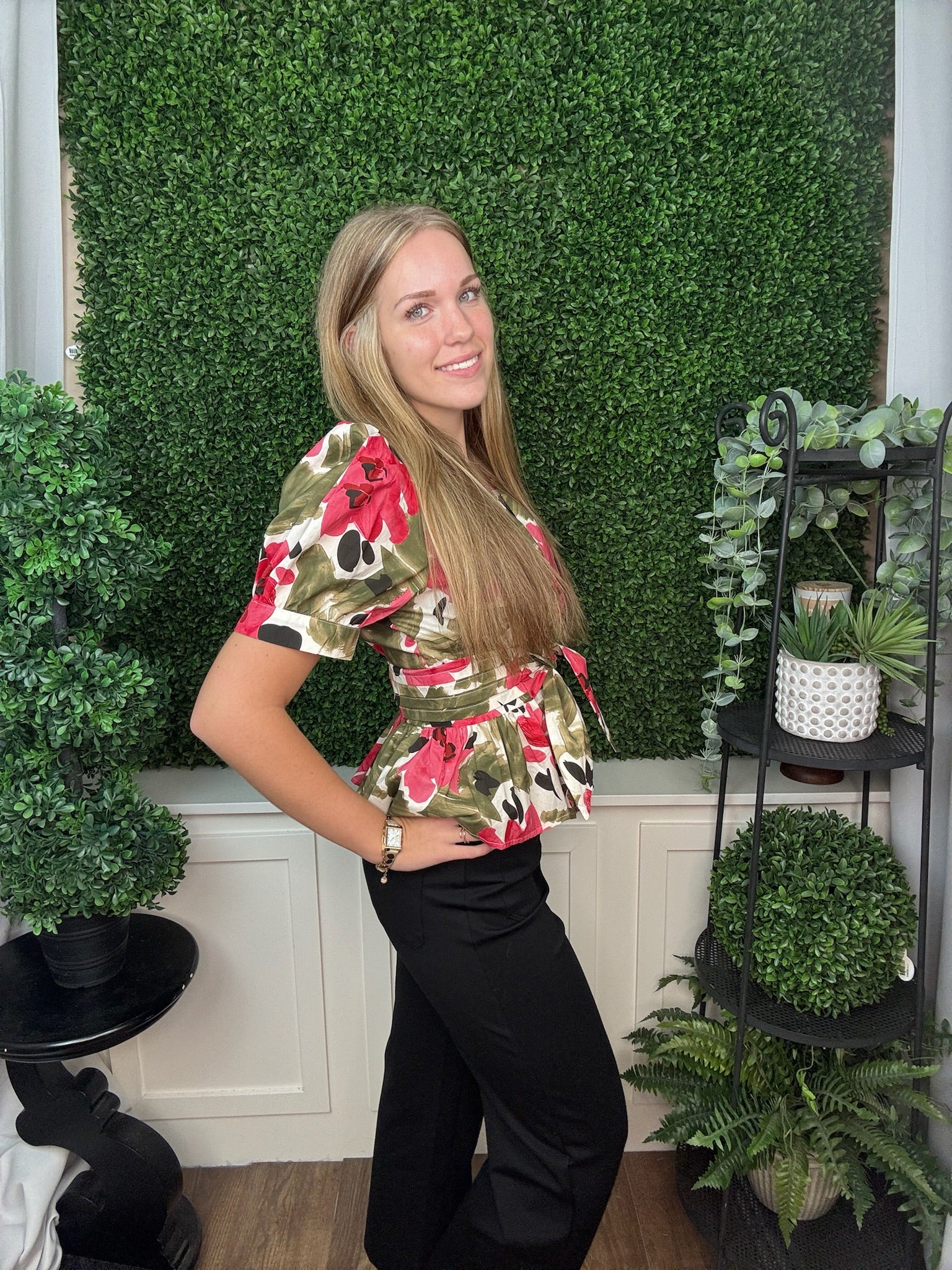 FLORAL WRAP PEPLUM BLOUSE - OLIVE