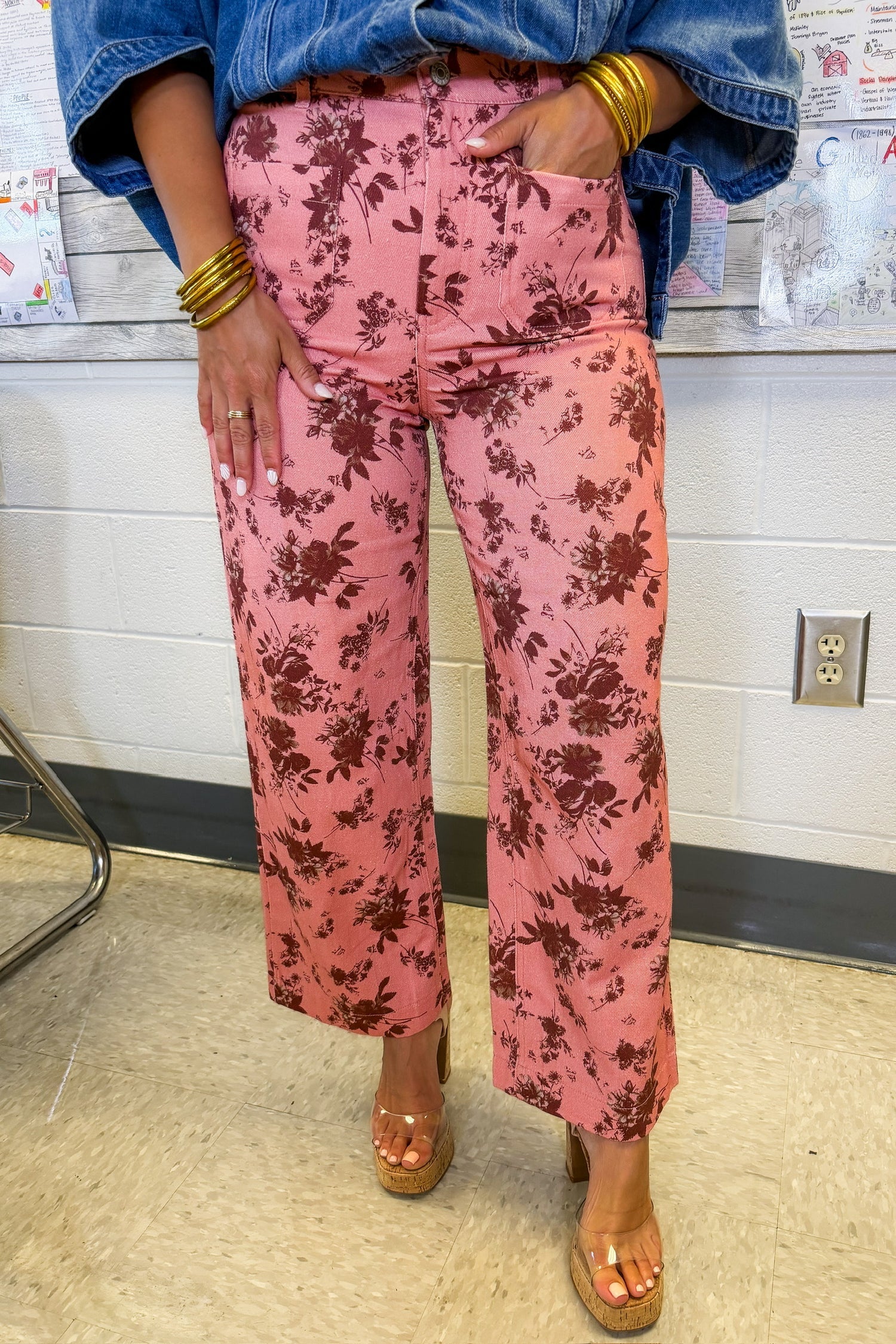 FLORAL WIDE LEG PANTS - DUSTY SALMON