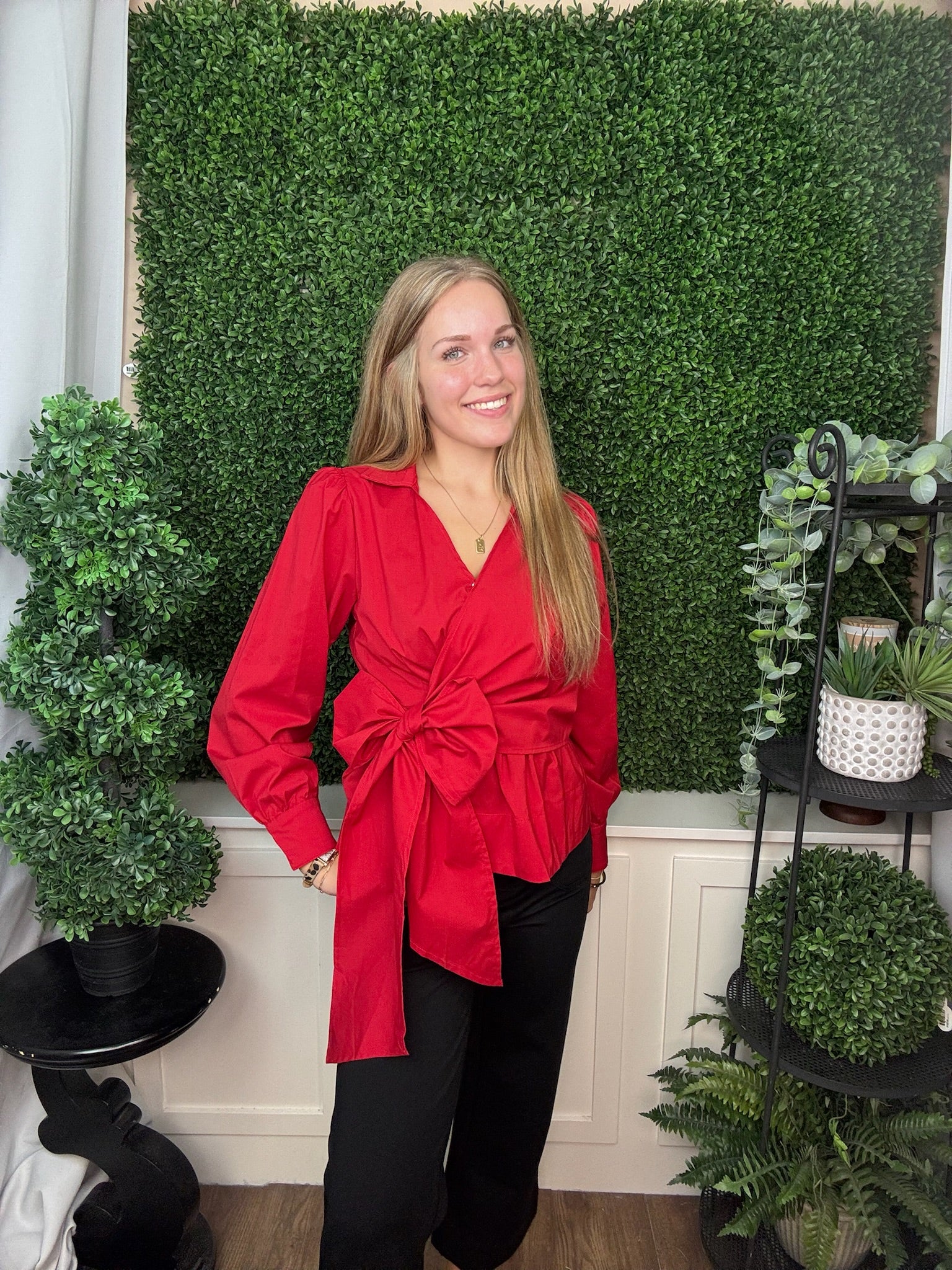 LONG SLEEVE SURPLICE SIDE TIE WOVEN TOP - BLACK/RED