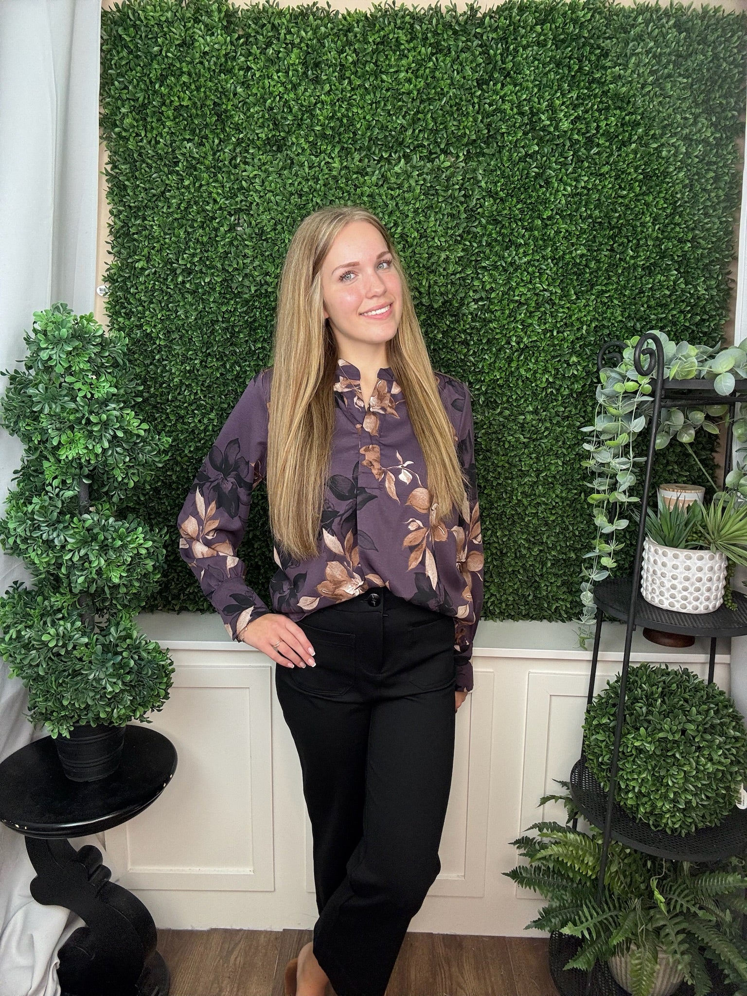 LONG SLEEVE SPLIT-NECK WOVEN FLORAL PRINT TOP - DUSTY PURPLE