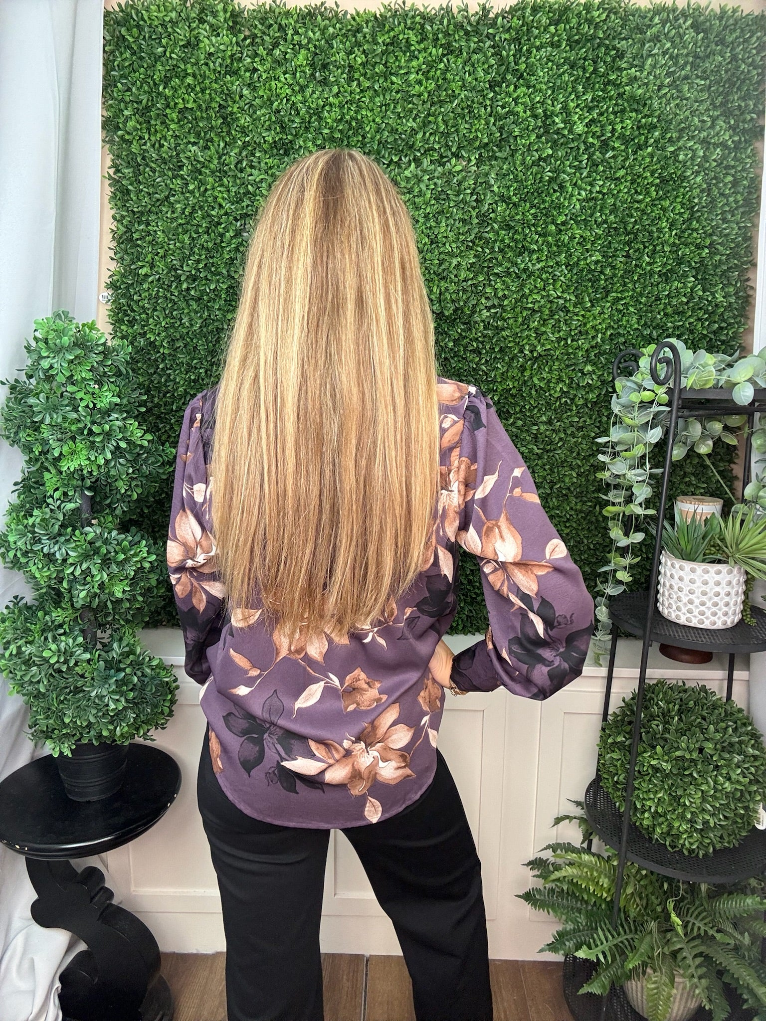 LONG SLEEVE SPLIT-NECK WOVEN FLORAL PRINT TOP - DUSTY PURPLE