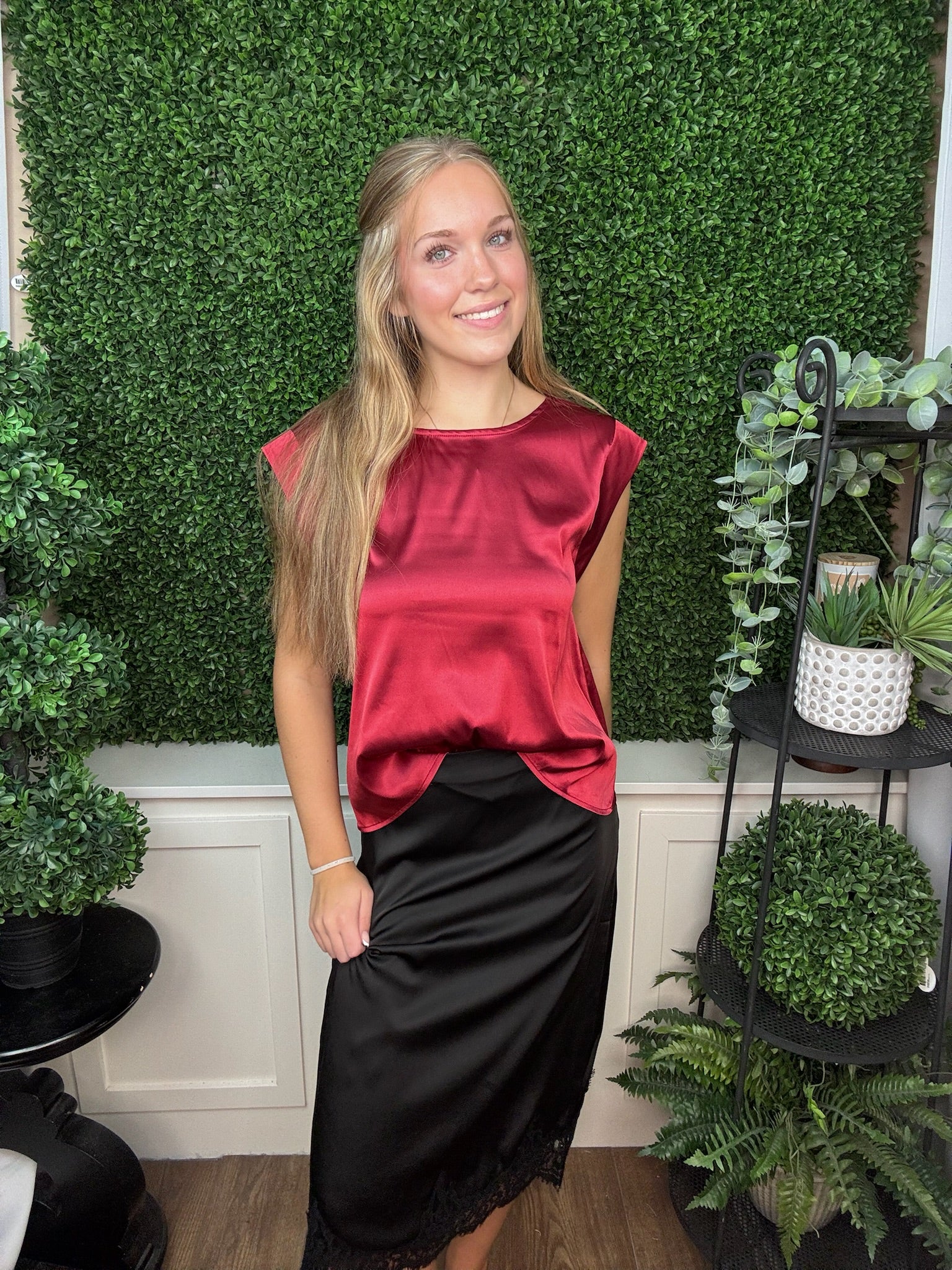 DROP SHOULDER SATIN TOP - SEA GREEN/WINE
