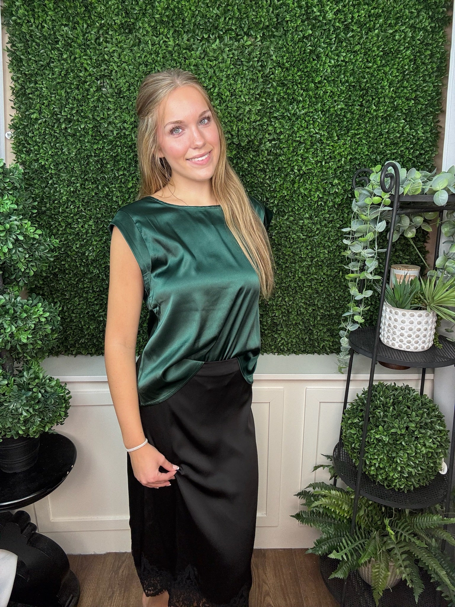 DROP SHOULDER SATIN TOP - SEA GREEN/WINE