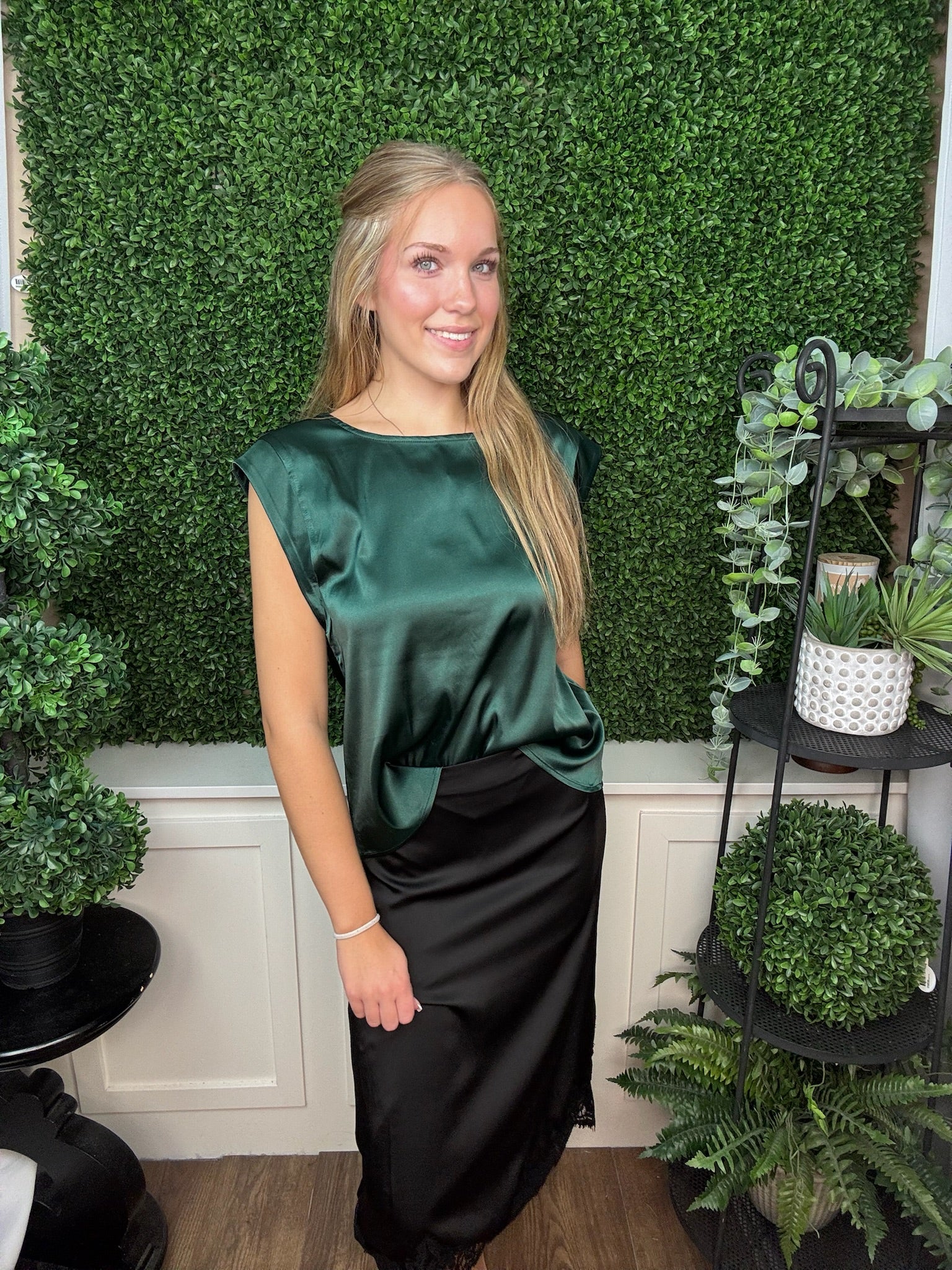 DROP SHOULDER SATIN TOP - SEA GREEN/WINE