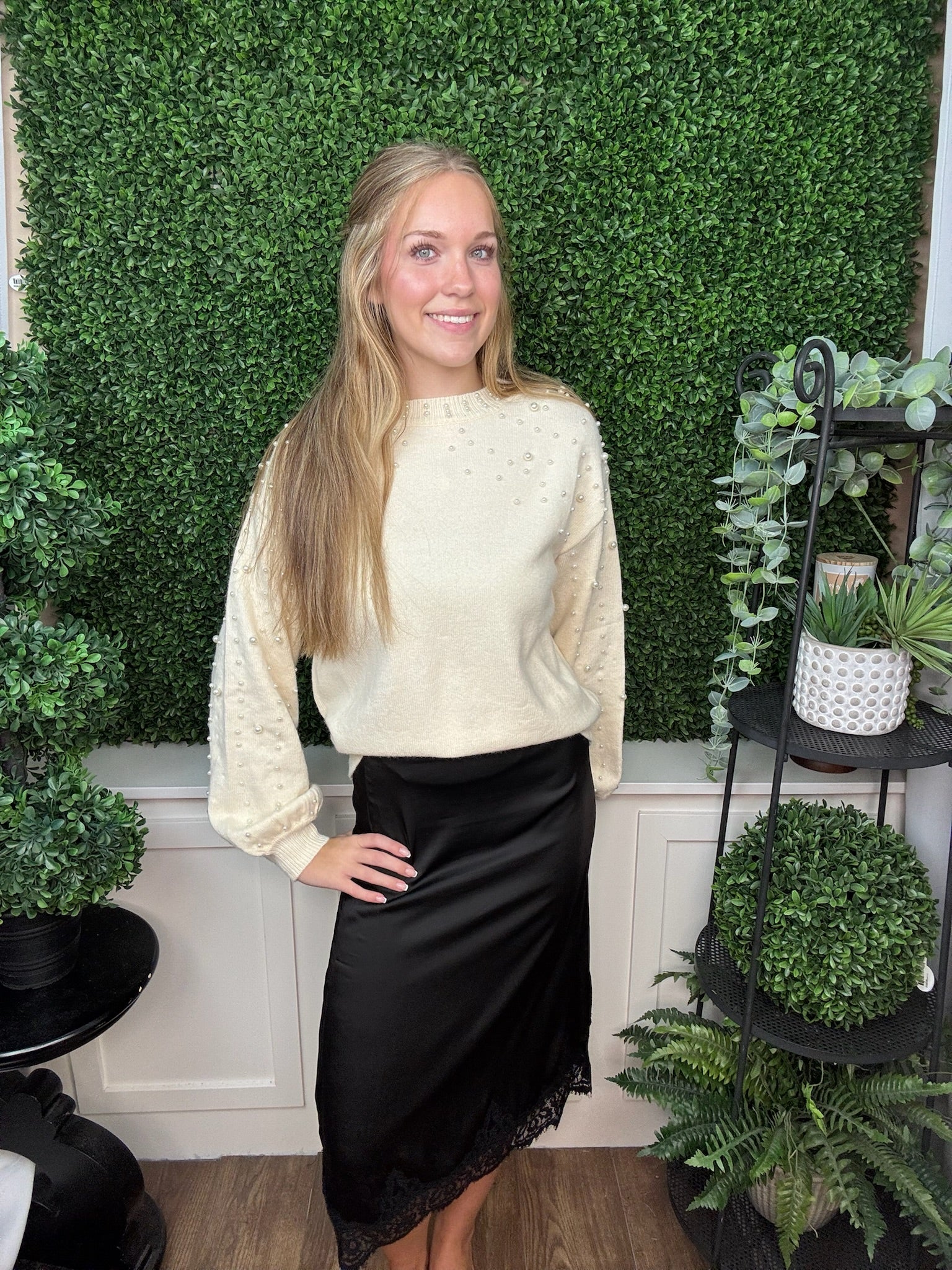 Pearl Studded Lantern Sleeve Knit Sweater