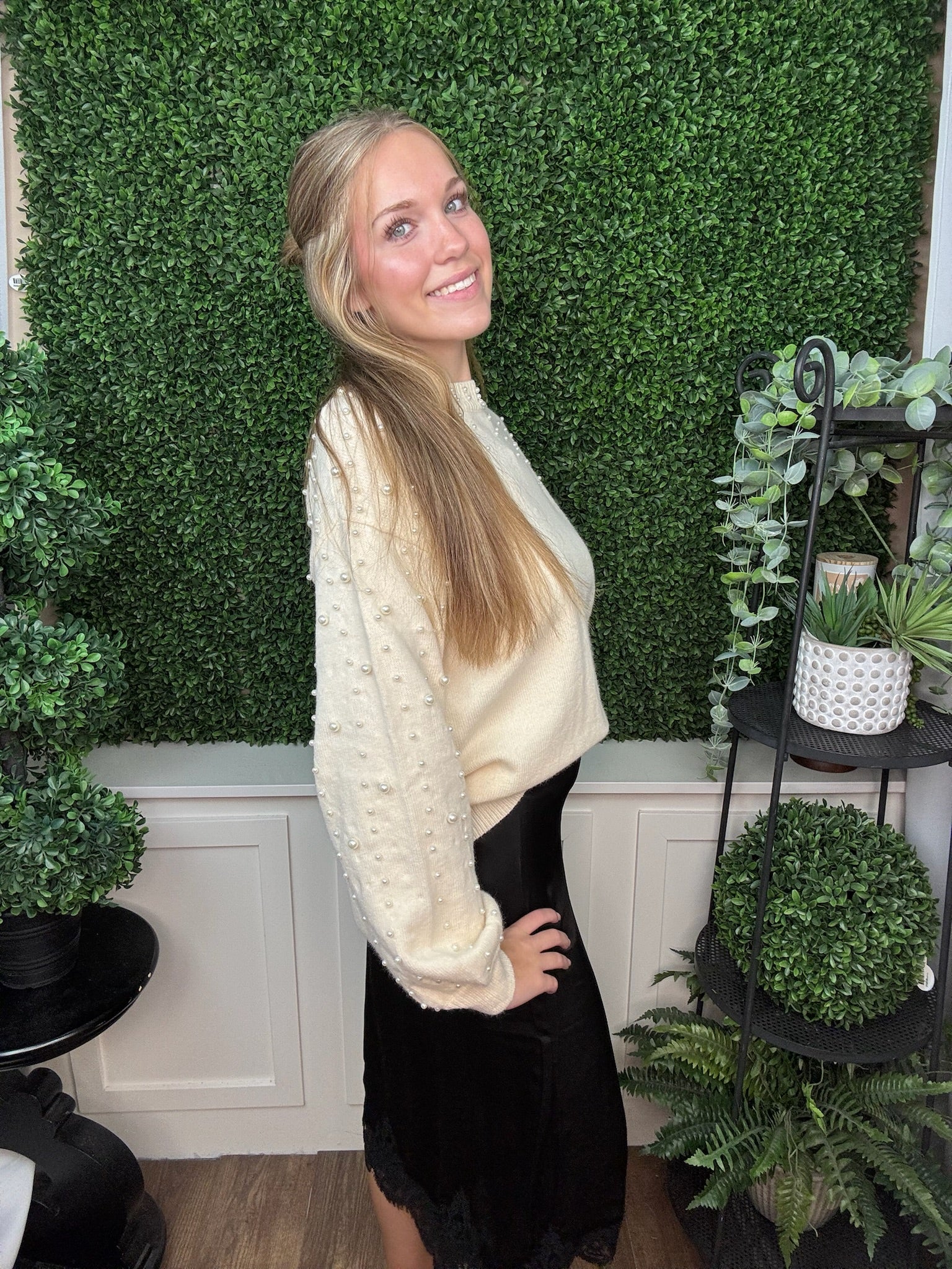 Pearl Studded Lantern Sleeve Knit Sweater