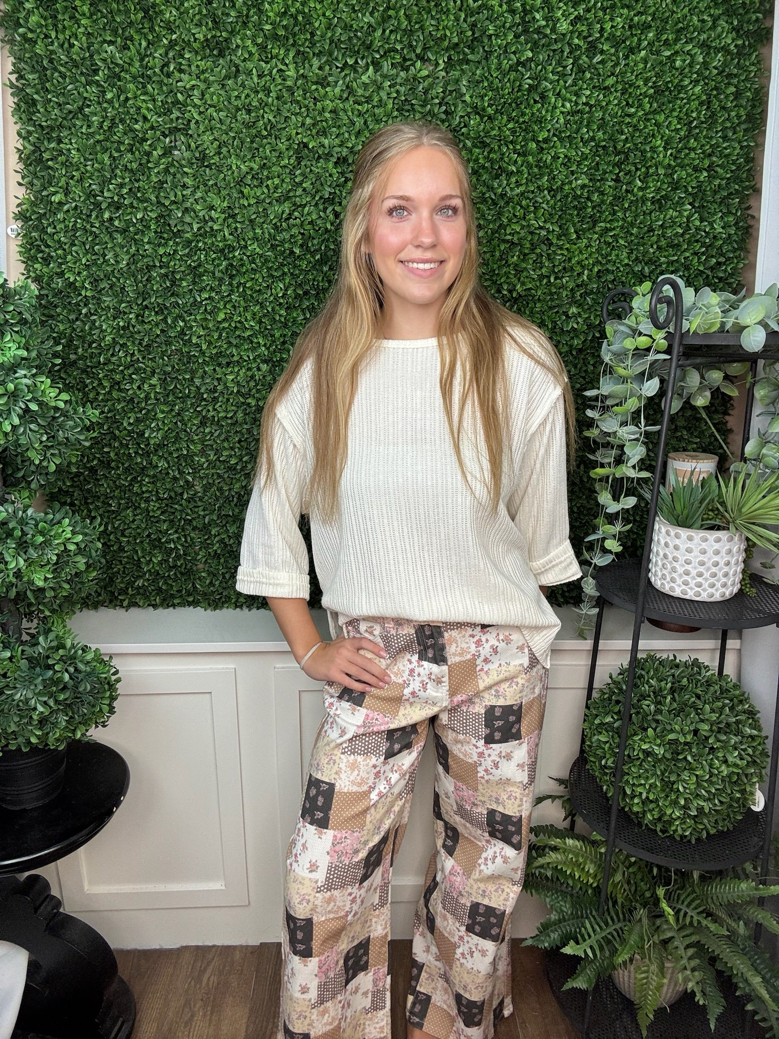 FLORAL PATCHWORK WIDE LEG DENIM PANTS - LIGHT CAMEL