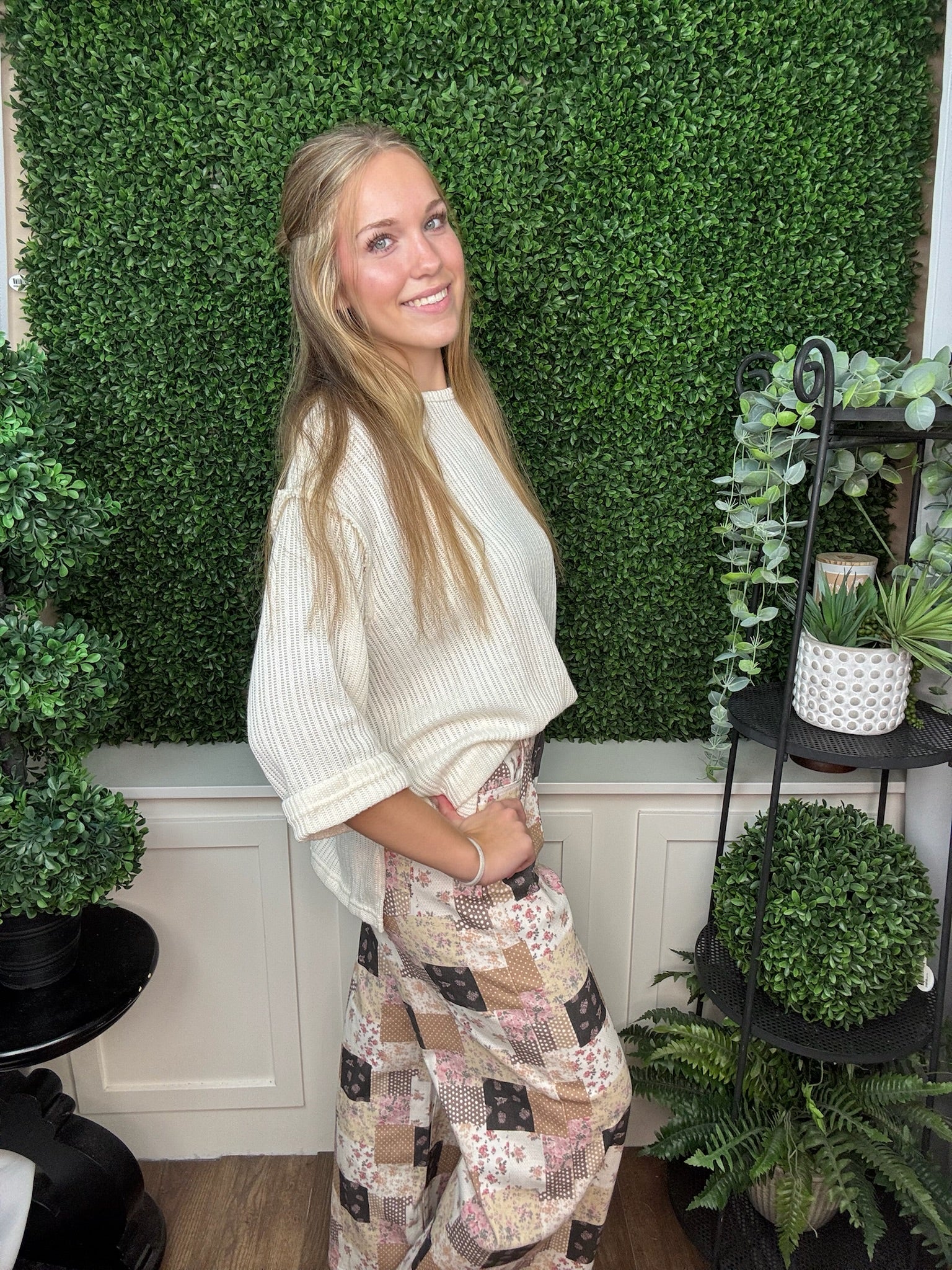 FLORAL PATCHWORK WIDE LEG DENIM PANTS - LIGHT CAMEL