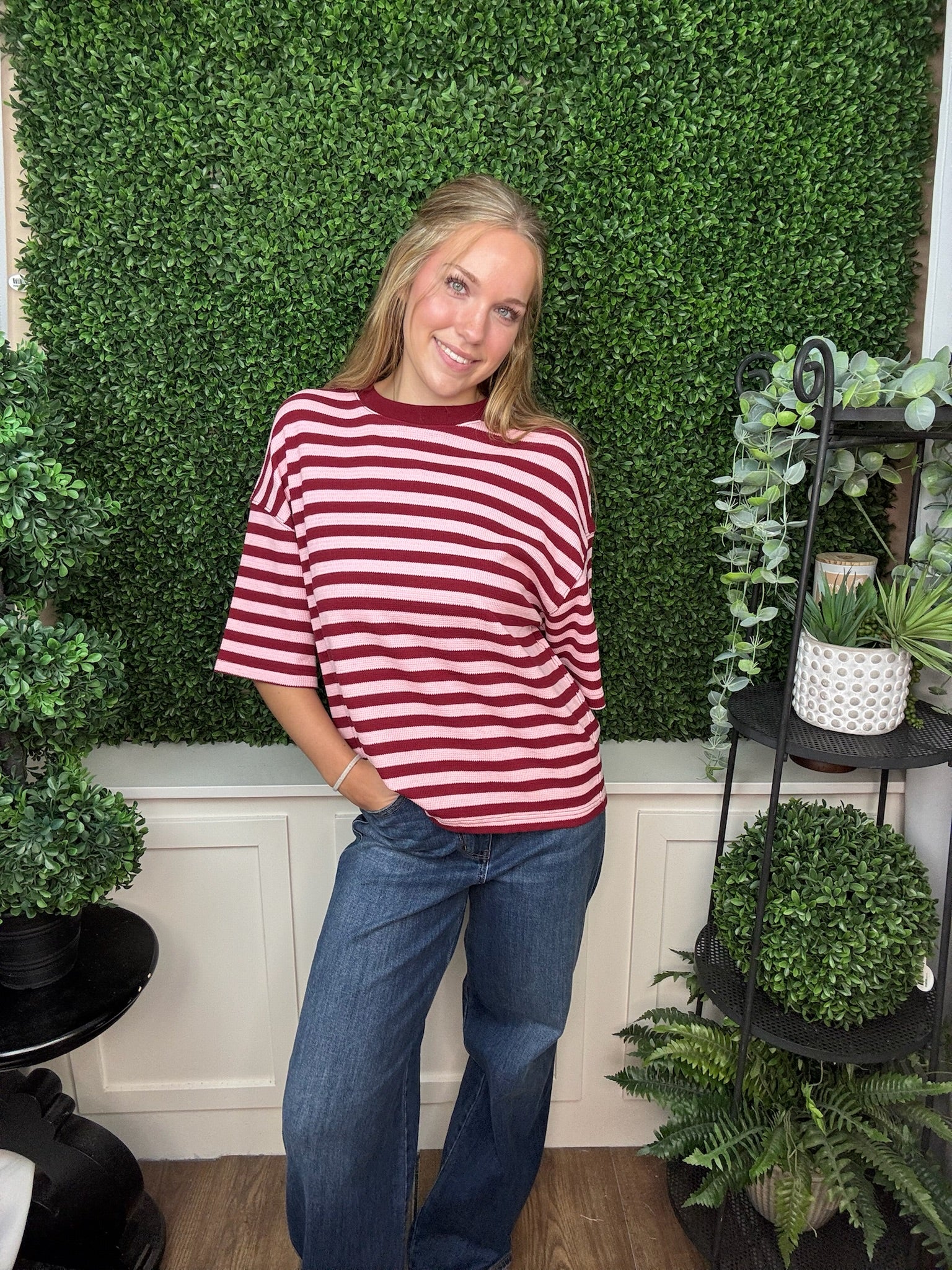 OVERSIZED STRIPED KNIT TOP - BLUE BROWN/BURGUNDY