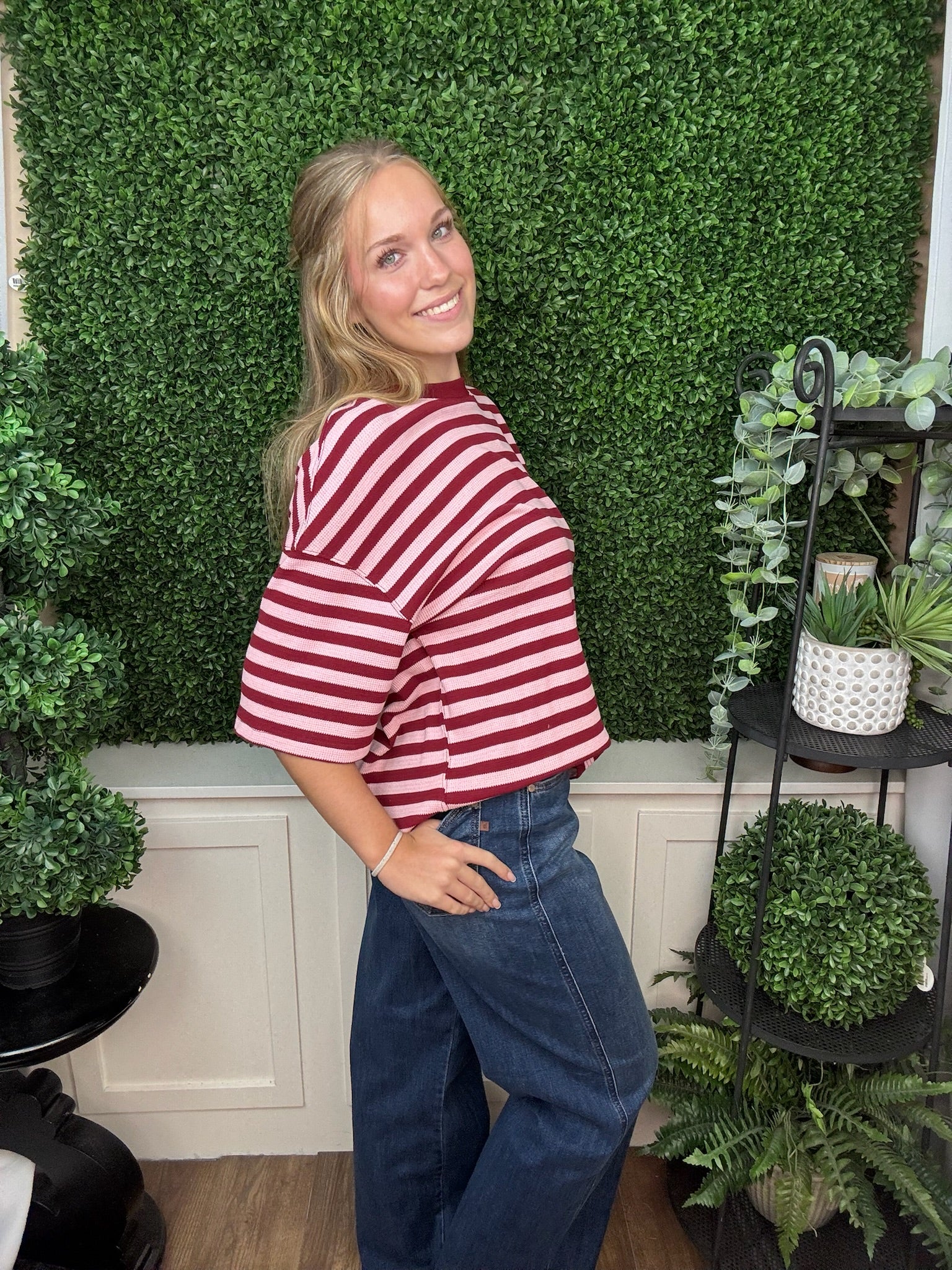 OVERSIZED STRIPED KNIT TOP - BLUE BROWN/BURGUNDY