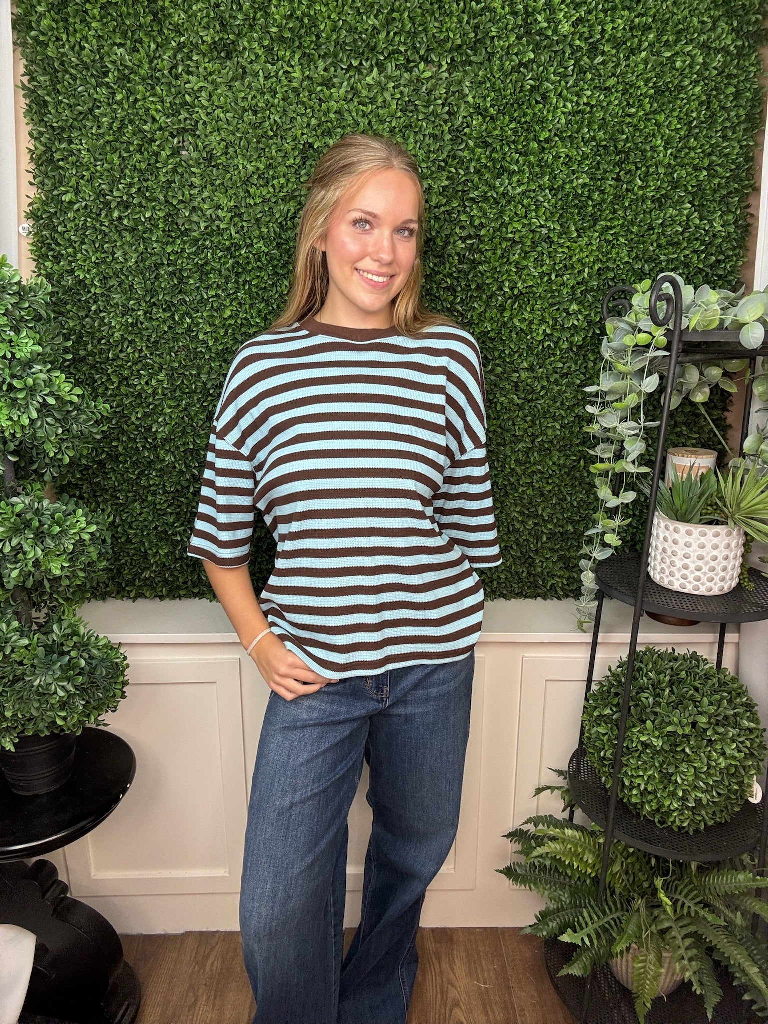 OVERSIZED STRIPED KNIT TOP - BLUE BROWN/BURGUNDY