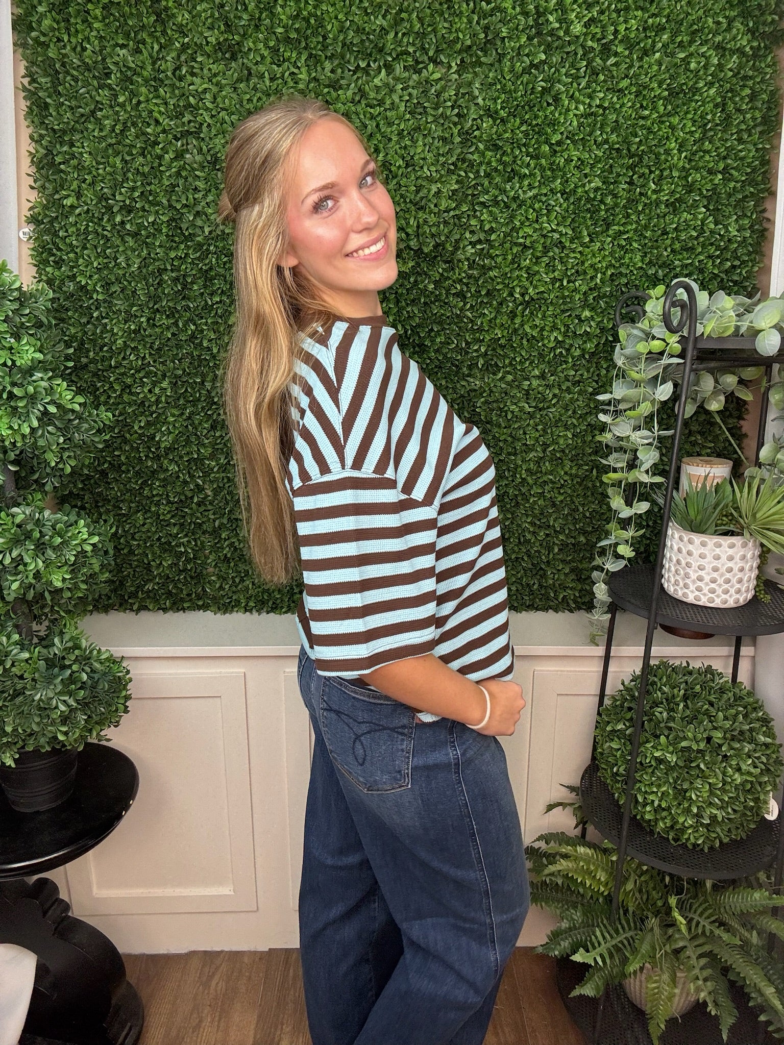 OVERSIZED STRIPED KNIT TOP - BLUE BROWN/BURGUNDY