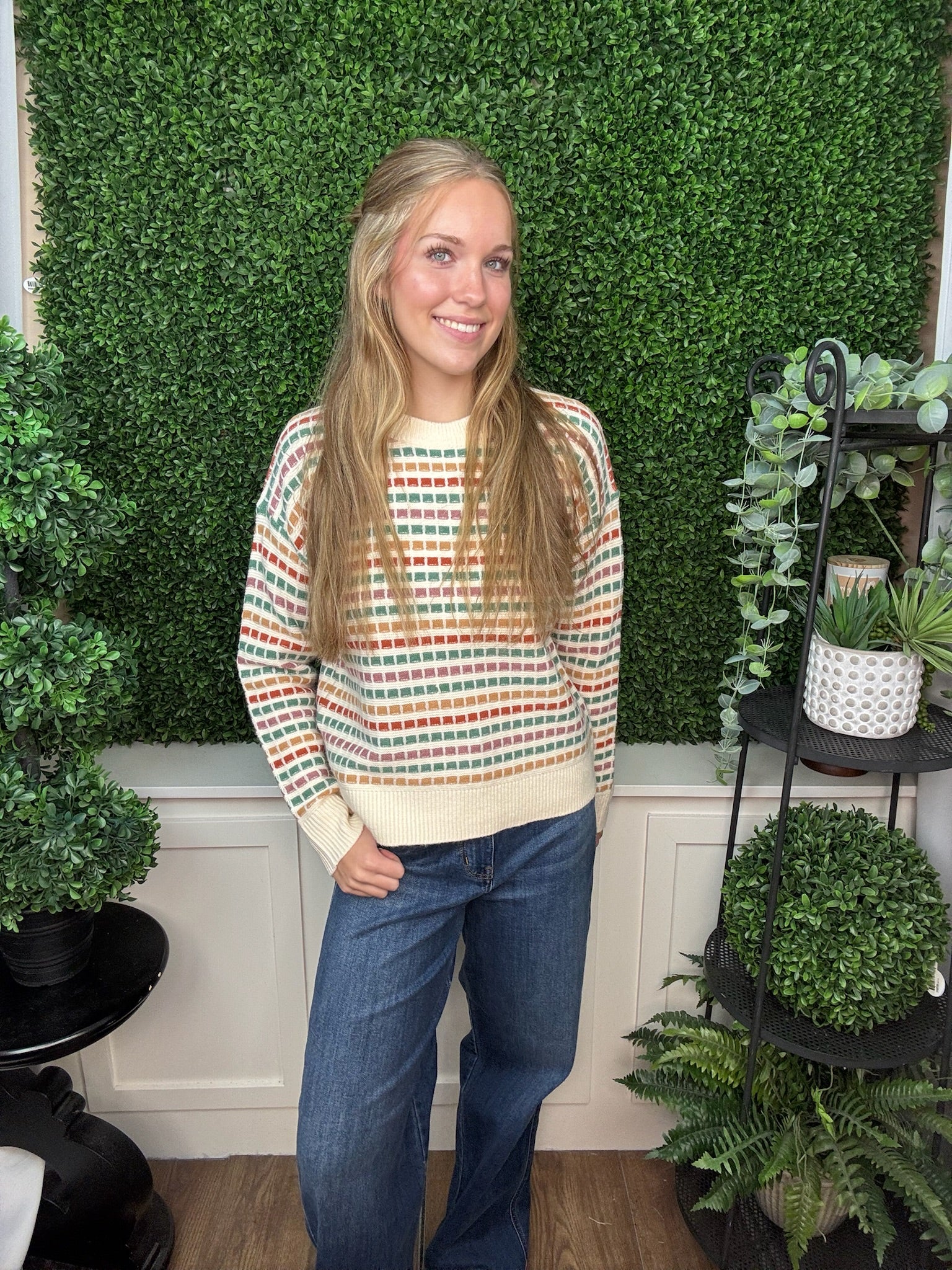 Multicolor Textured Stripe Long Sleeve Crew Neck Sweater