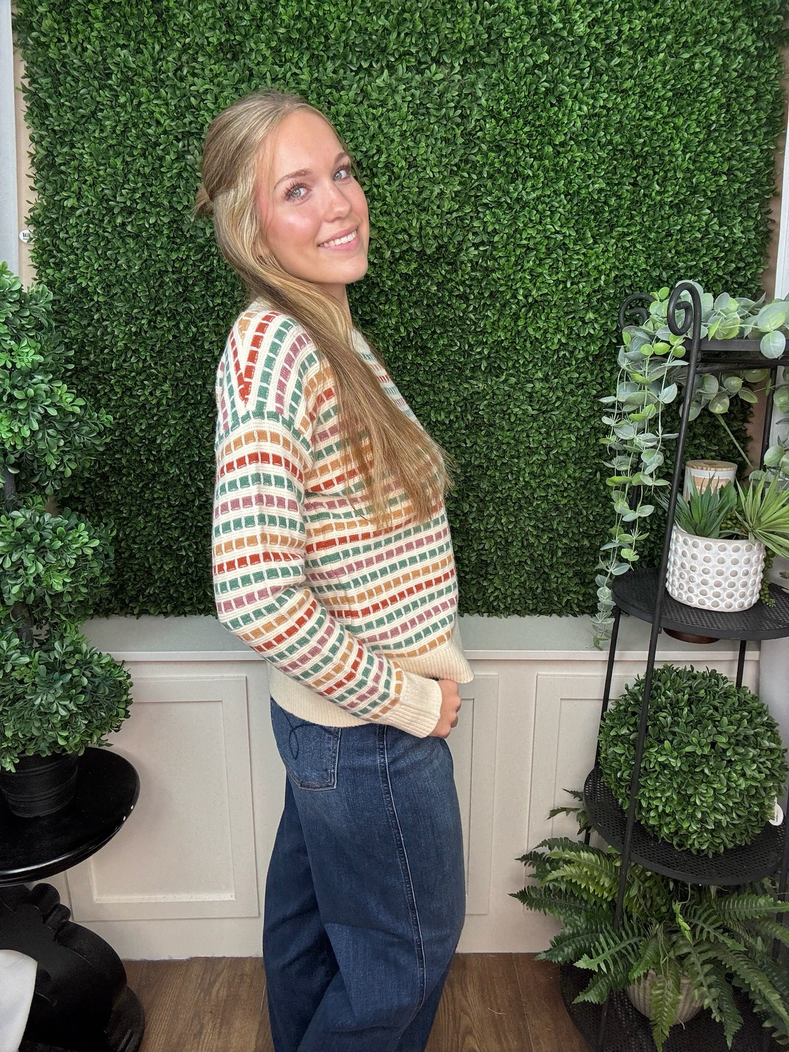 Multicolor Textured Stripe Long Sleeve Crew Neck Sweater
