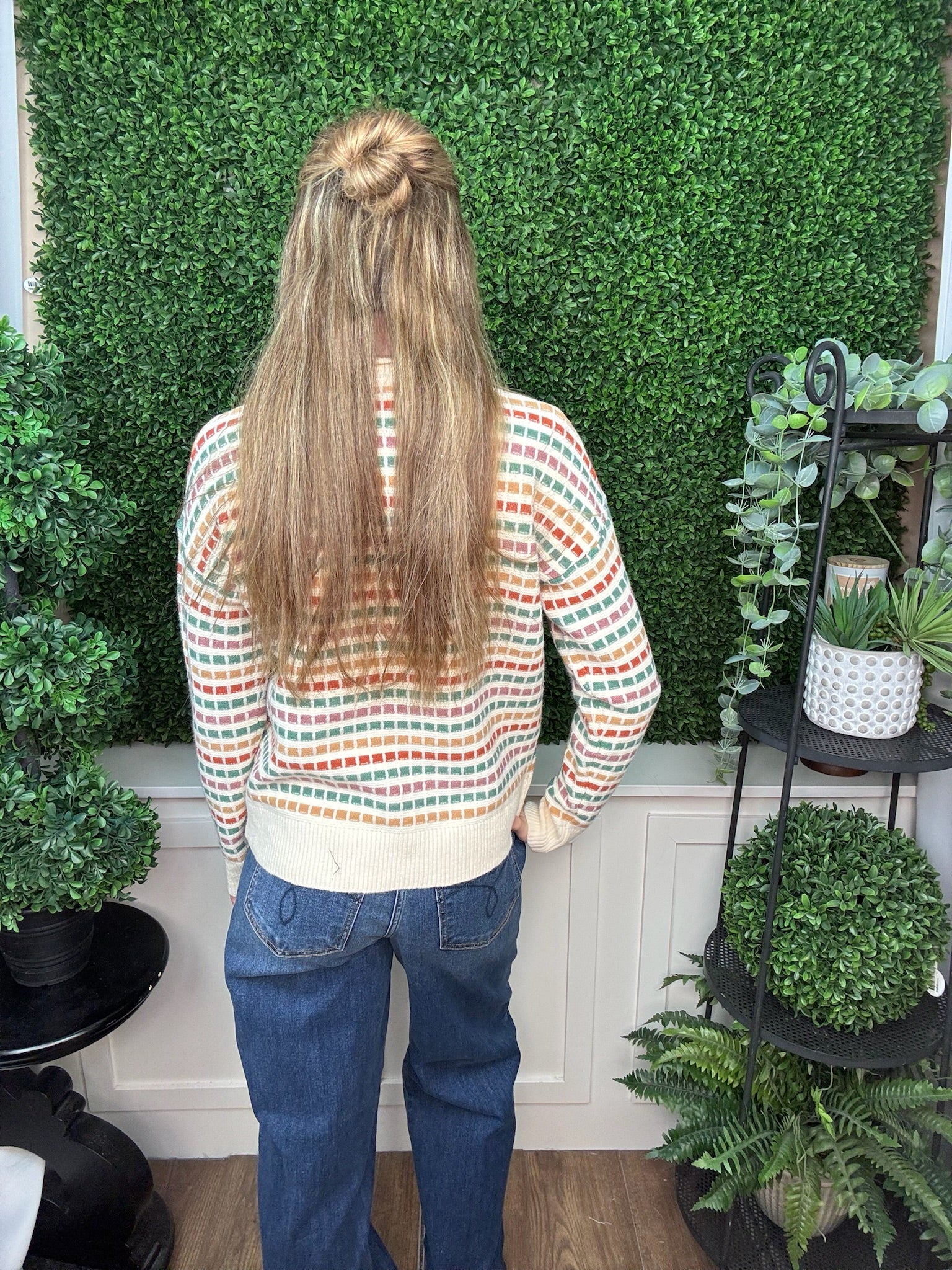 Multicolor Textured Stripe Long Sleeve Crew Neck Sweater