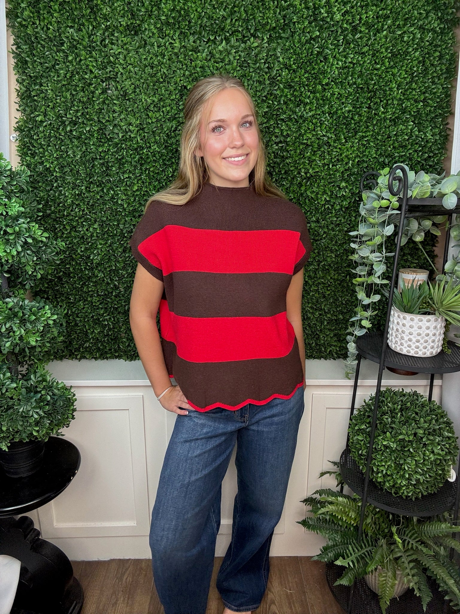LONG SLEEVE MOCK NECK COLORBLOCK STRIPED KNIT SWEATER - BROWN RED