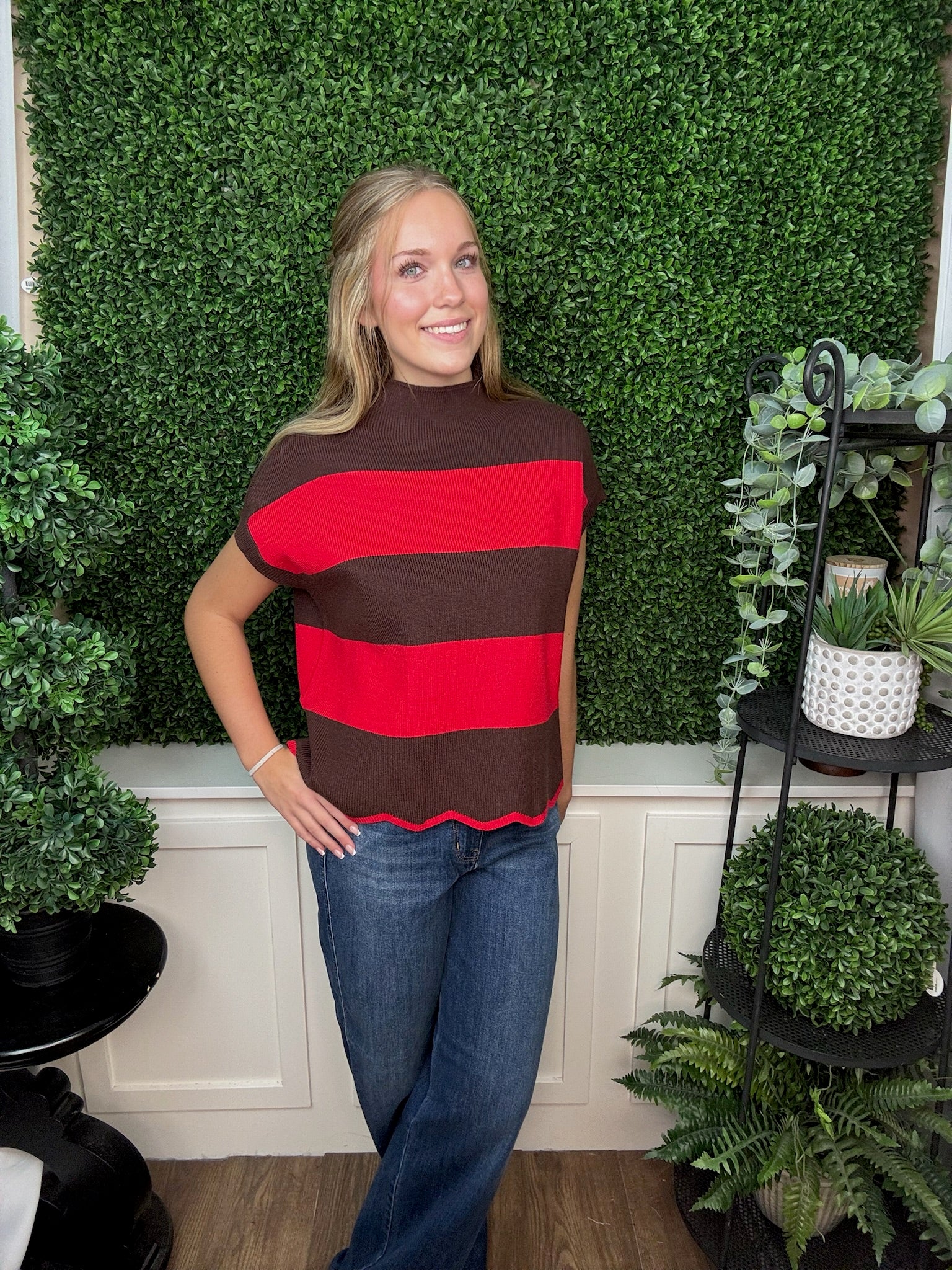 LONG SLEEVE MOCK NECK COLORBLOCK STRIPED KNIT SWEATER - BROWN RED