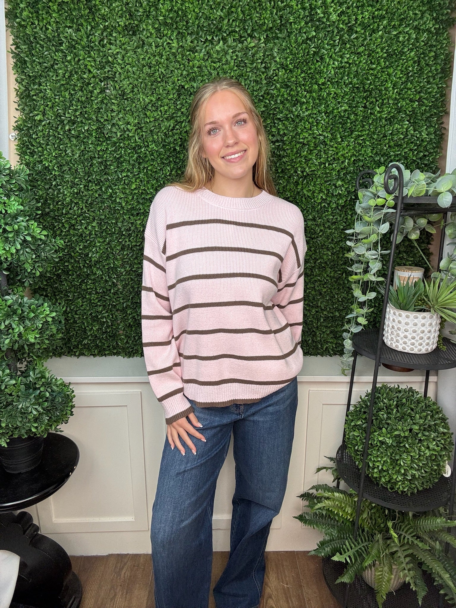 LONG SLEEVE STRIPED SWEATER TOP - PINK