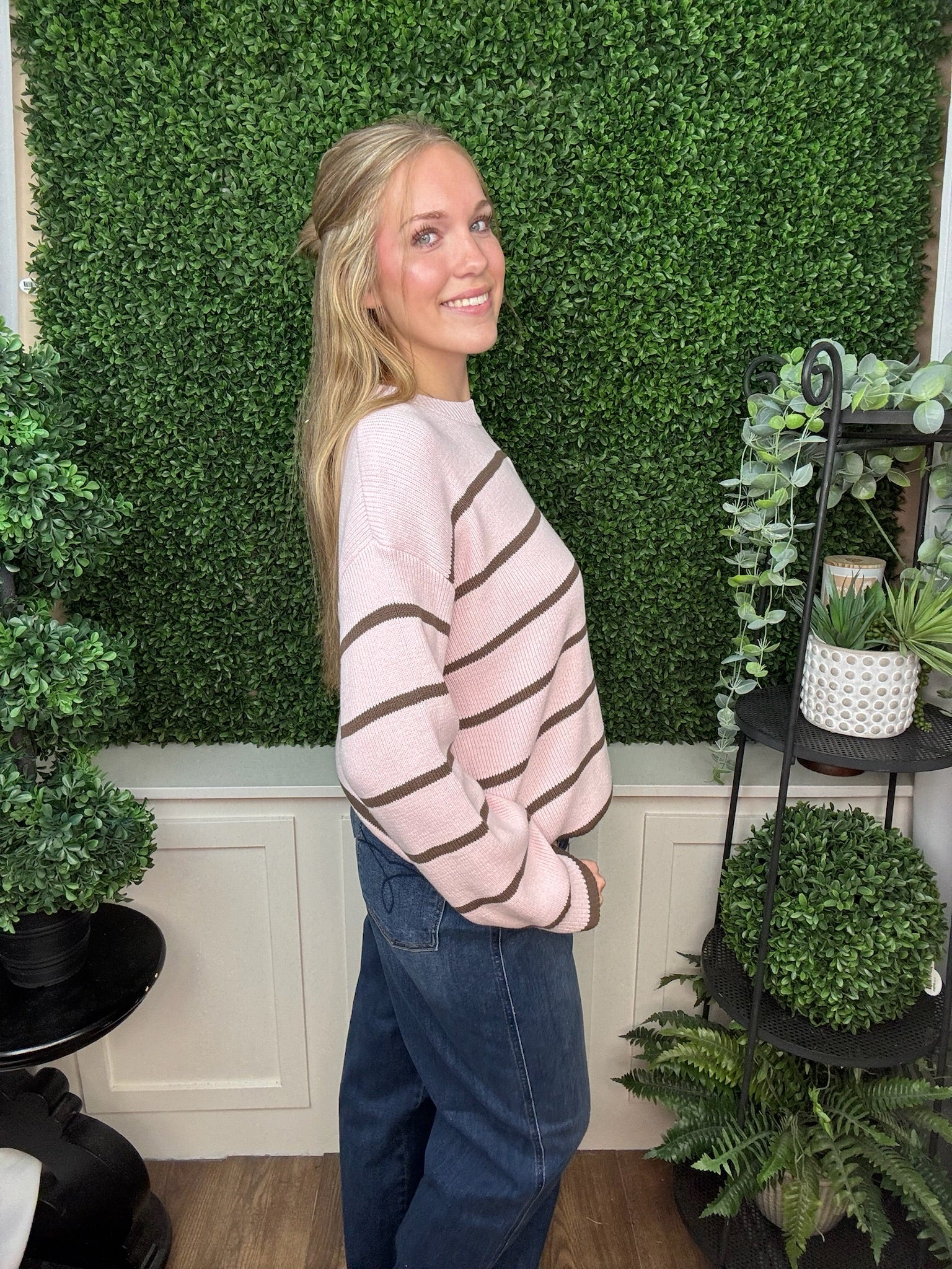 LONG SLEEVE STRIPED SWEATER TOP - PINK