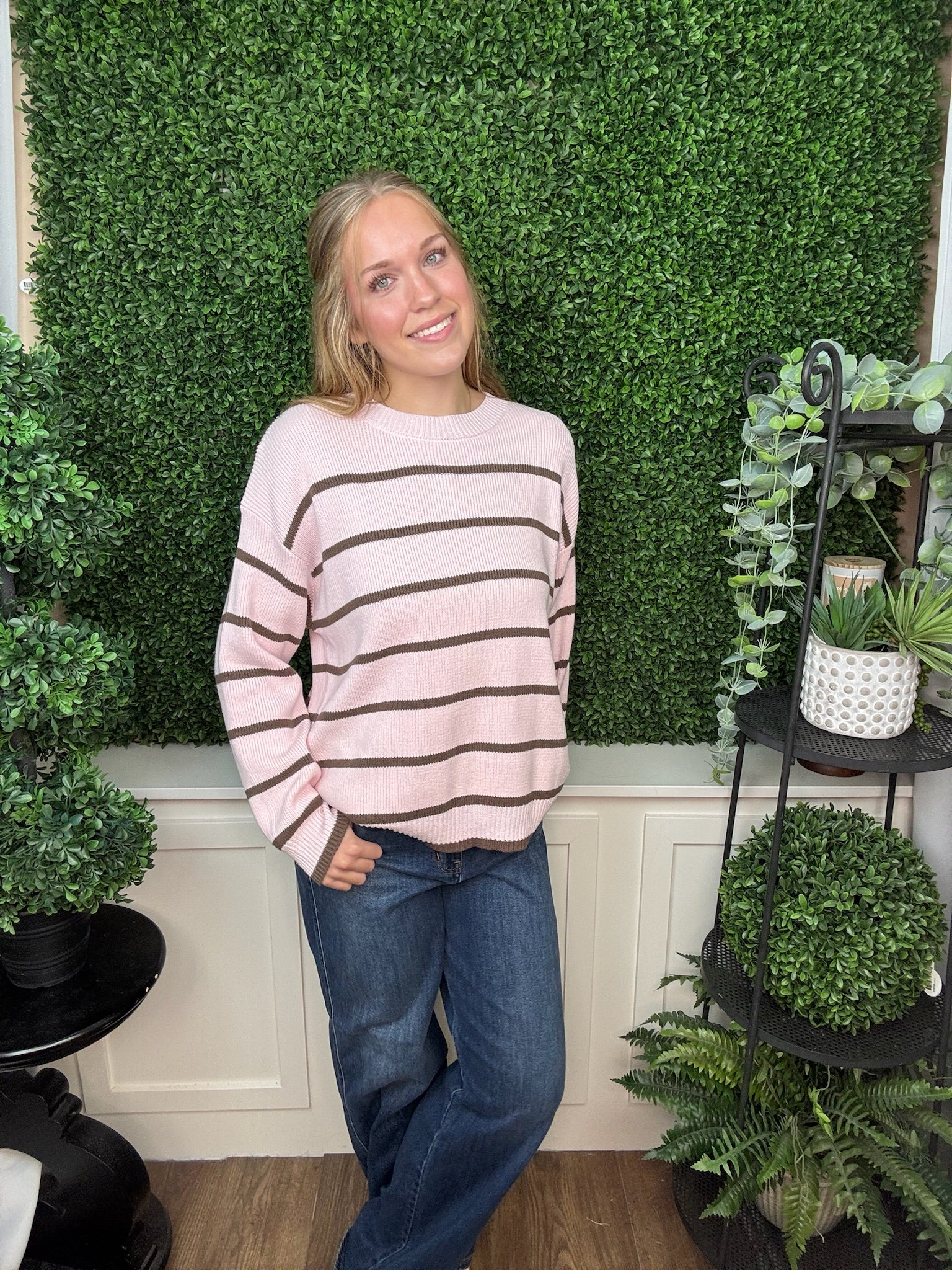 LONG SLEEVE STRIPED SWEATER TOP - PINK