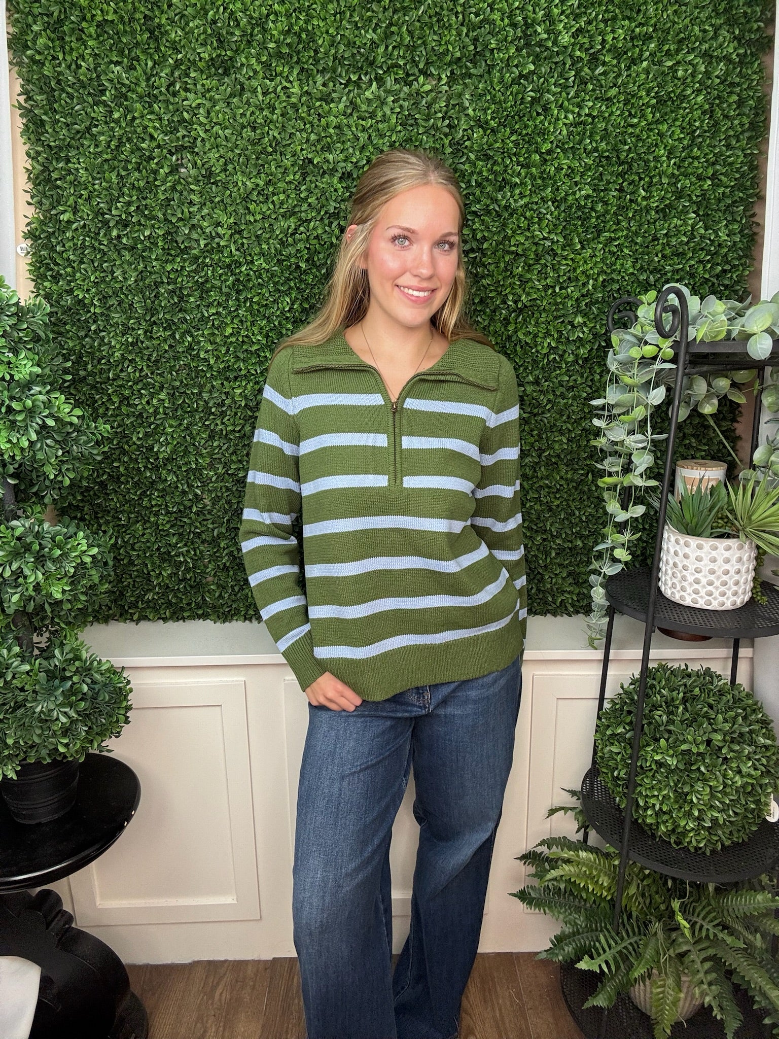 LONG SLEEVE 1/2 ZIP STRIPE SWEATER - OLIVE GREEN