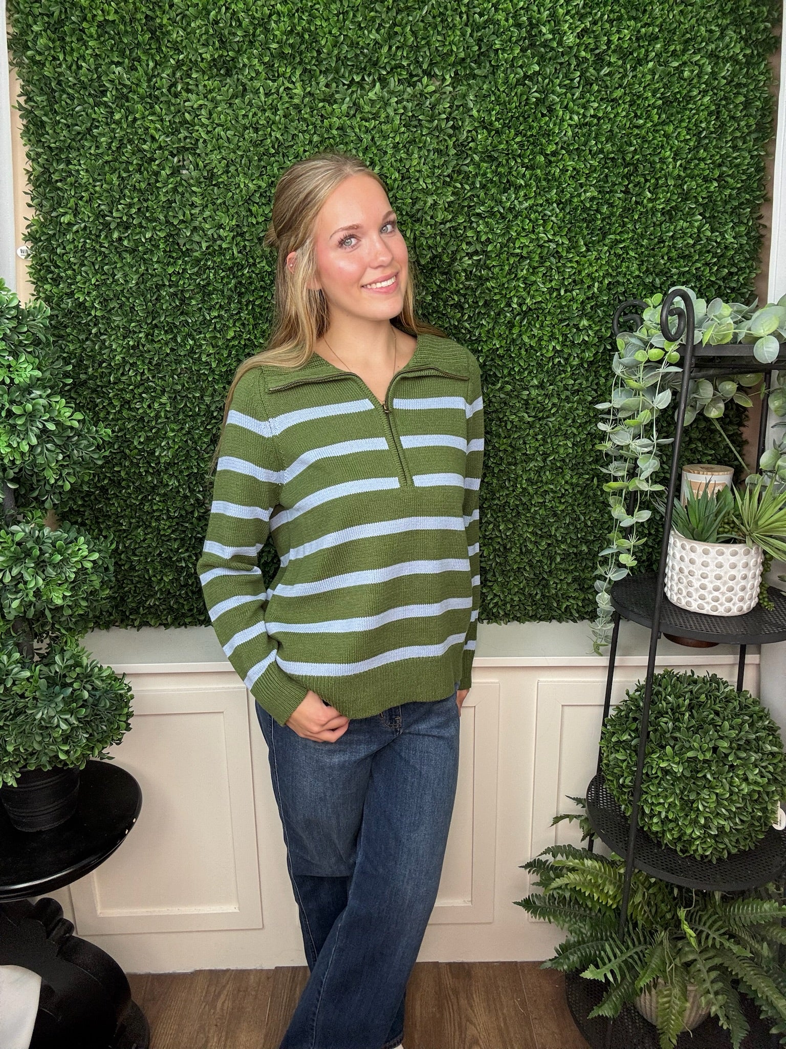 LONG SLEEVE 1/2 ZIP STRIPE SWEATER - OLIVE GREEN