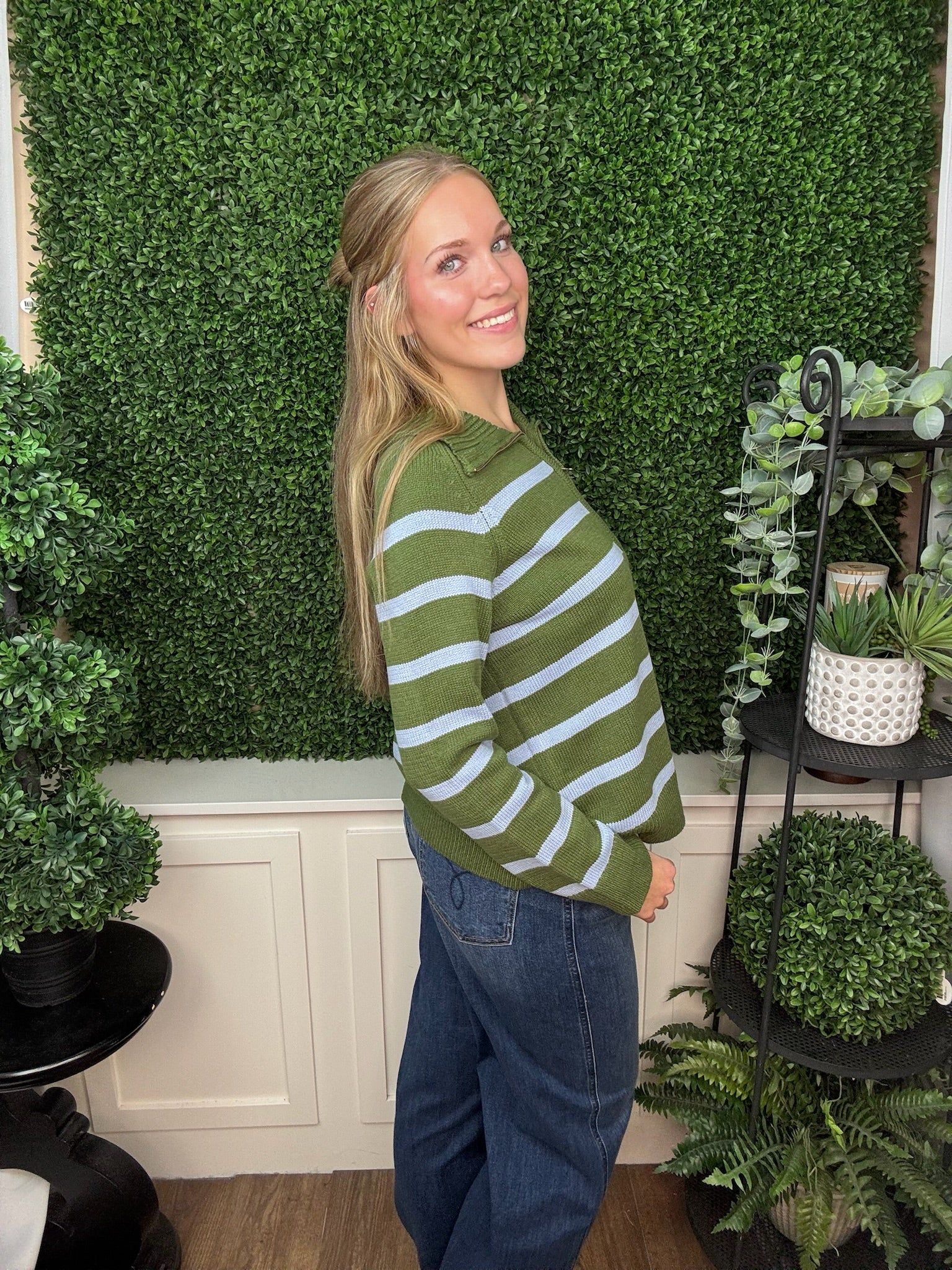 LONG SLEEVE 1/2 ZIP STRIPE SWEATER - OLIVE GREEN