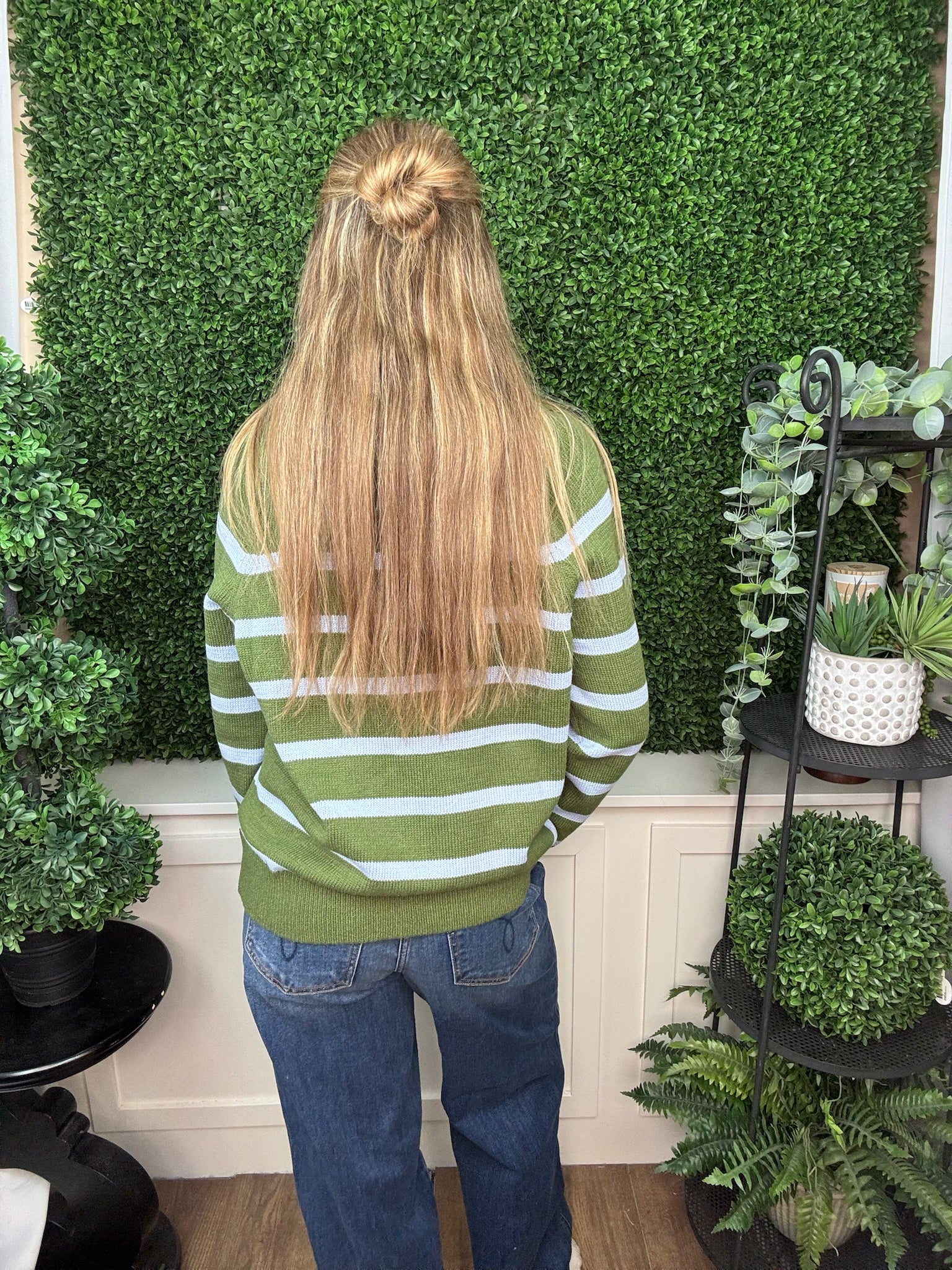 LONG SLEEVE 1/2 ZIP STRIPE SWEATER - OLIVE GREEN