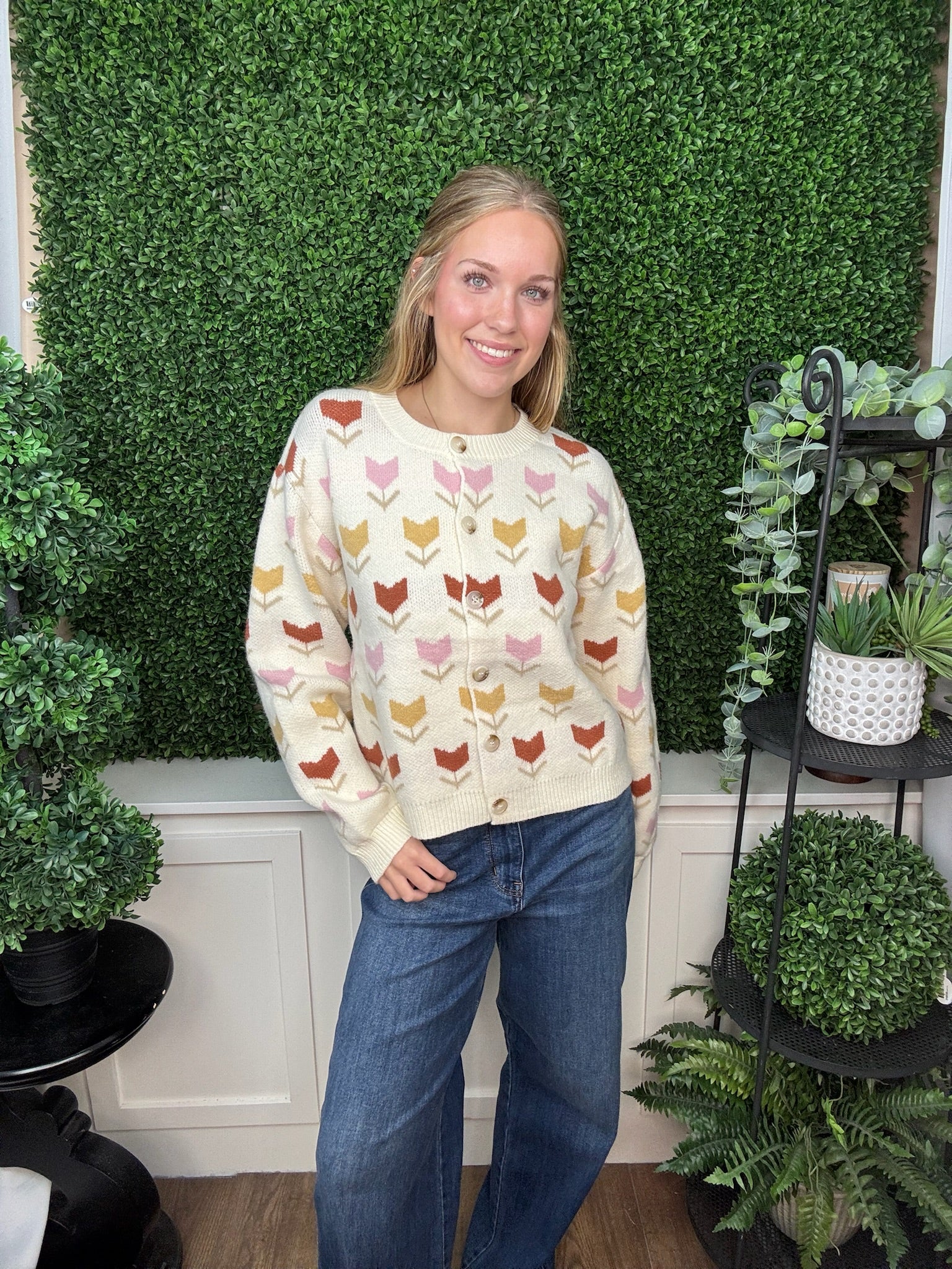 FLORAL MOTIF BUTTON FRONT KNIT CARDIGAN - CREAM COMBO