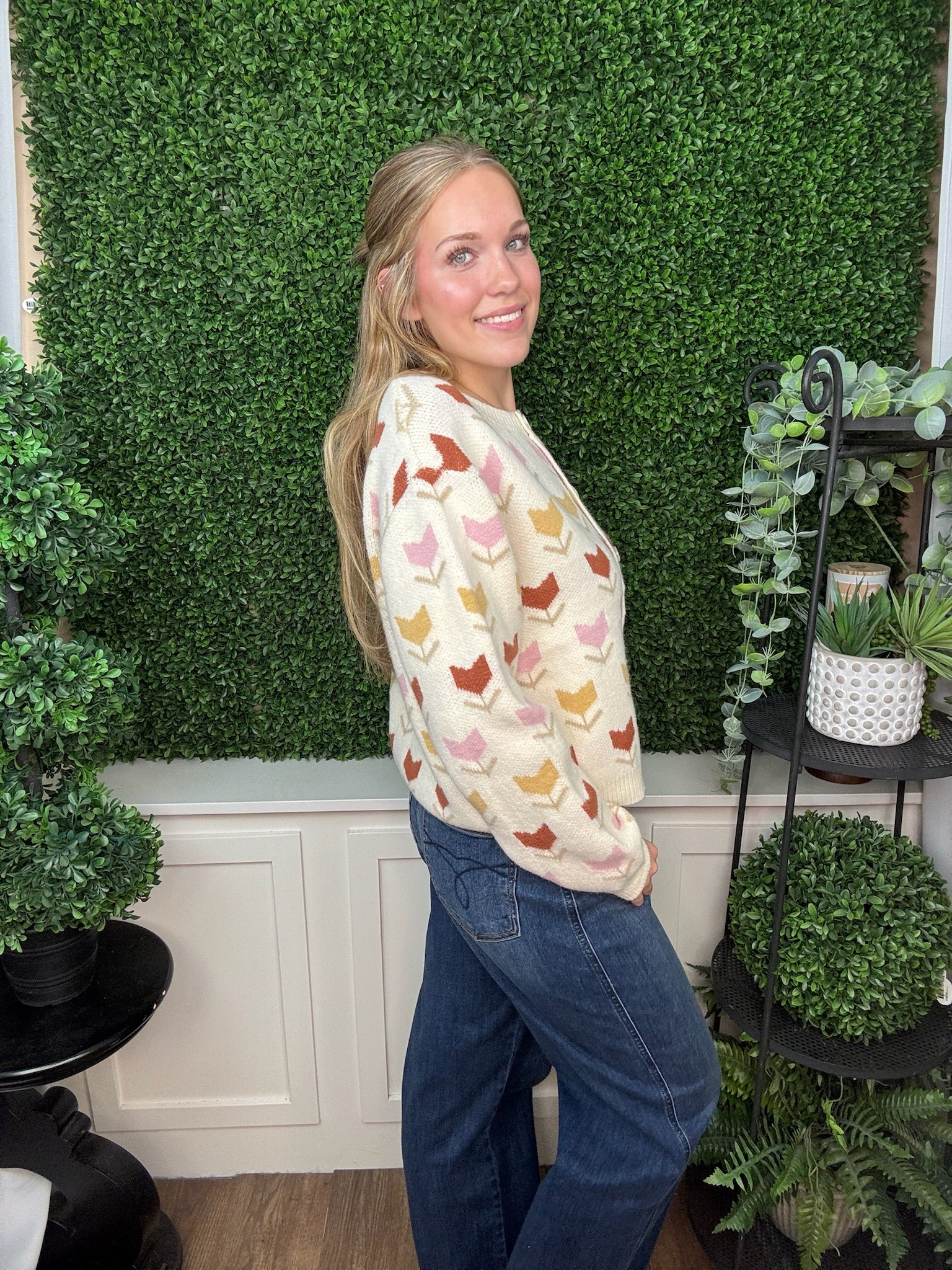 FLORAL MOTIF BUTTON FRONT KNIT CARDIGAN - CREAM COMBO