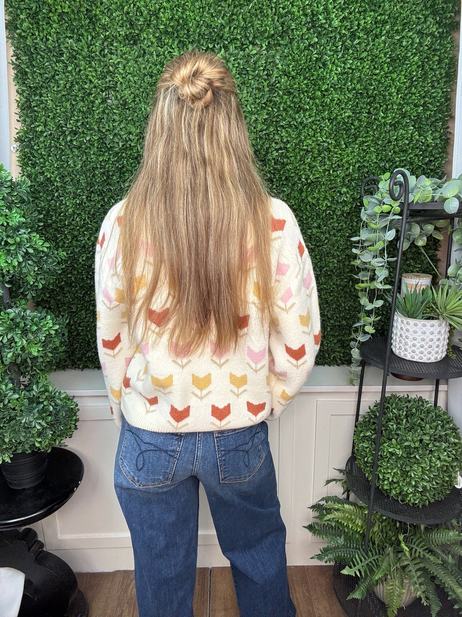 FLORAL MOTIF BUTTON FRONT KNIT CARDIGAN - CREAM COMBO